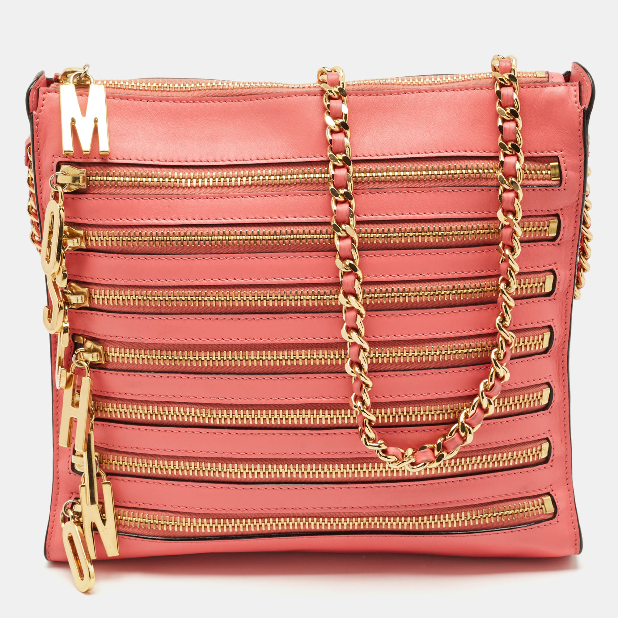 

Moschino Dark Pink Leather Multi Zip Shoulder Bag