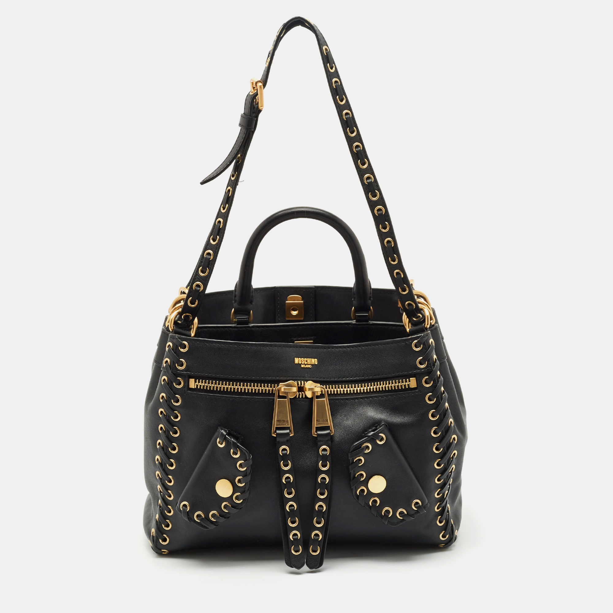 

Moschino Black Leather Eyelet Pocket Tote