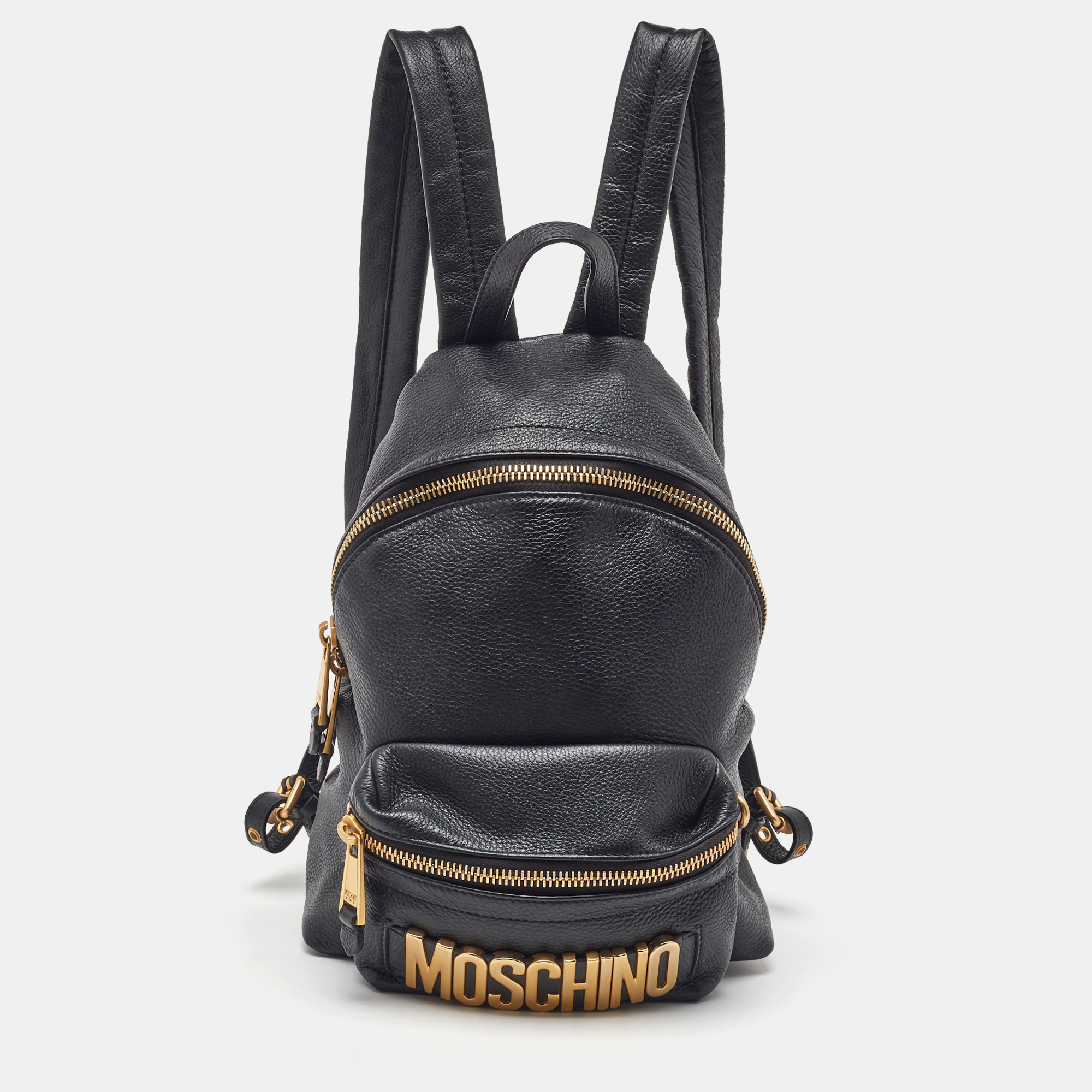 

Moschino Black Leather Logo Backpack