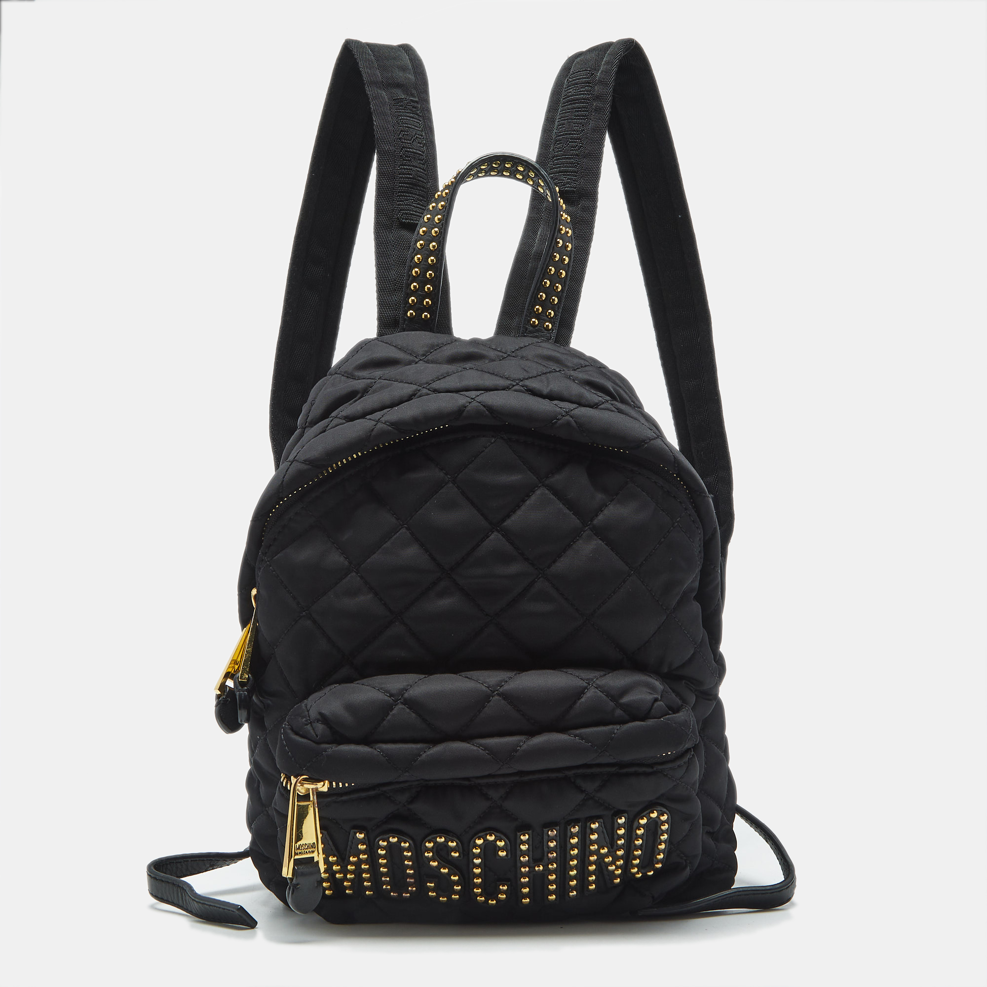 

Moschino Black Quilted Nylon and Leather Studded Classic Logo Backpack