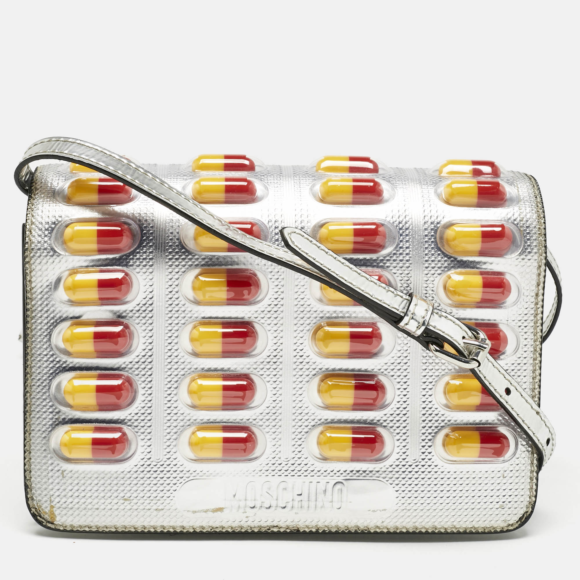 

Moschino Silver Patent Leather and PVC Pill Pack Crossbody Bag
