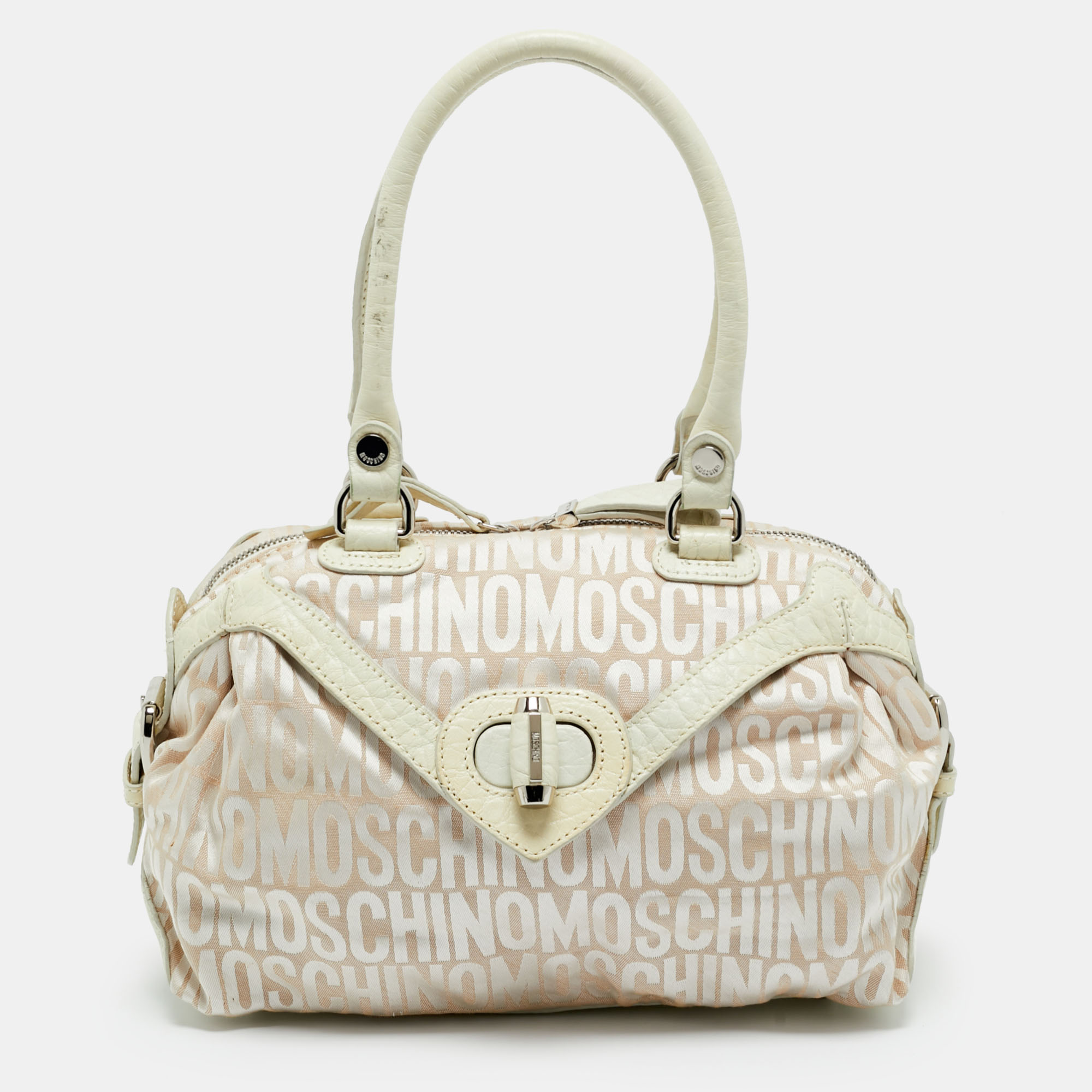 Pre-owned Moschino White/cream Signature Fabric And Leather Zip Satchel