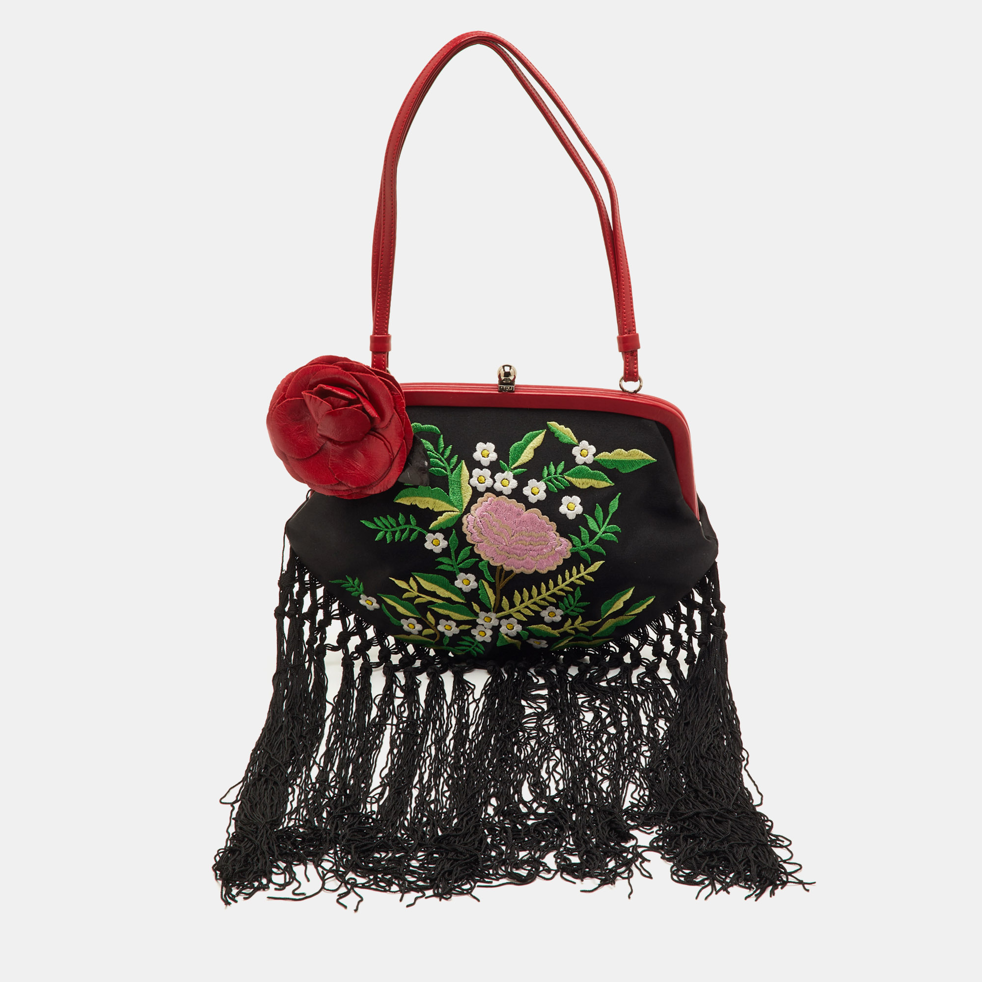 

Moschino Black/Red Satin and Leather Tassel Floral Embroidered Shoulder Bag