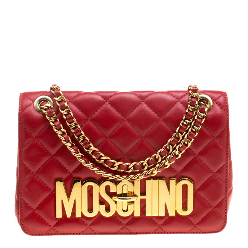 Moschino Red Quilted Leather Logo Flap Shoulder Bag