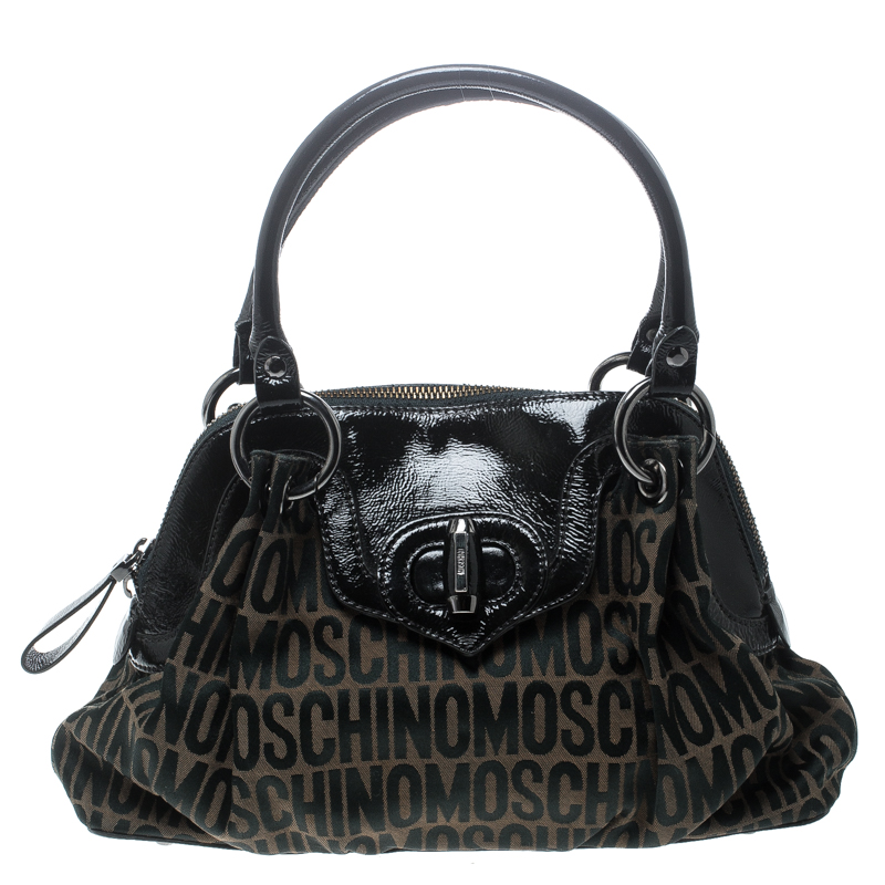 Moschino Dark Brown Signature Canvas and Patent Leather Satchel