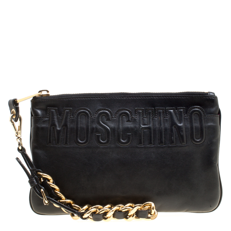 Pre Owned Moschino Black Leather Logo Embossed Wristlet Pouch