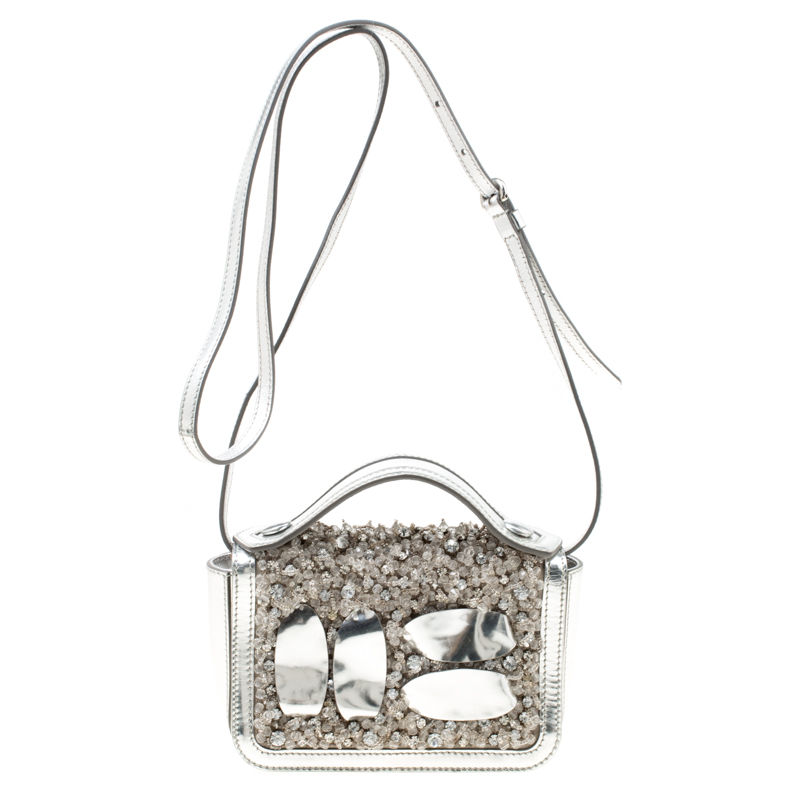 Moschino Silver Laminated Leather Crystal Embellished Shoulder Bag