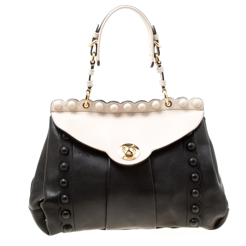 Pre Owned Moschino Black/Beige Leather Satchel
