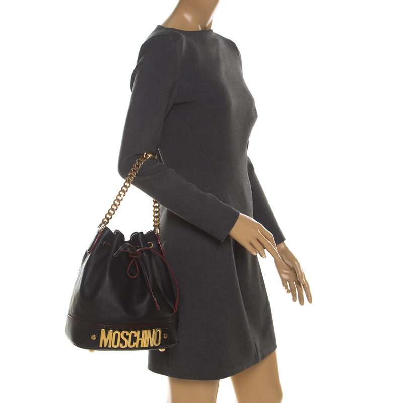 

Moschino Black Leather Logo Drawstring Bucket Bag