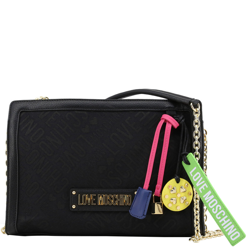 Pre Owned Love Moschino Black Signature Canvas and Faux Leather Crossbody Bag
