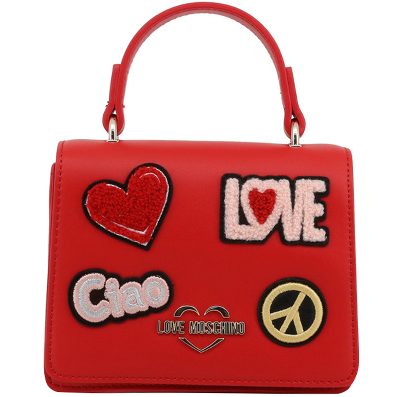 Pre Owned Love Moschino Red Faux Leather Embellished Top Handle Bag