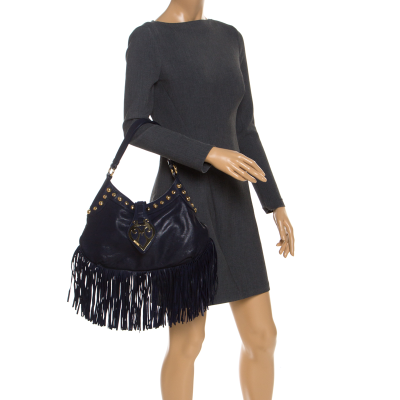 

Moschino Navy Blue Leather Studded Fringe Hobo