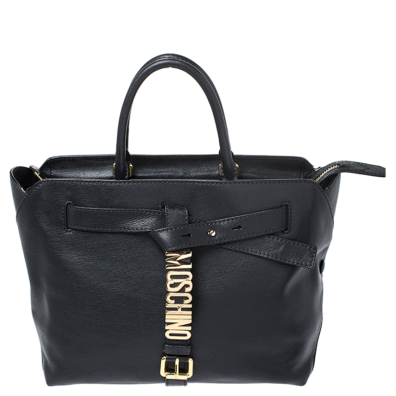 Pre Owned Moschino Black Leather Logo Buckle Tote 