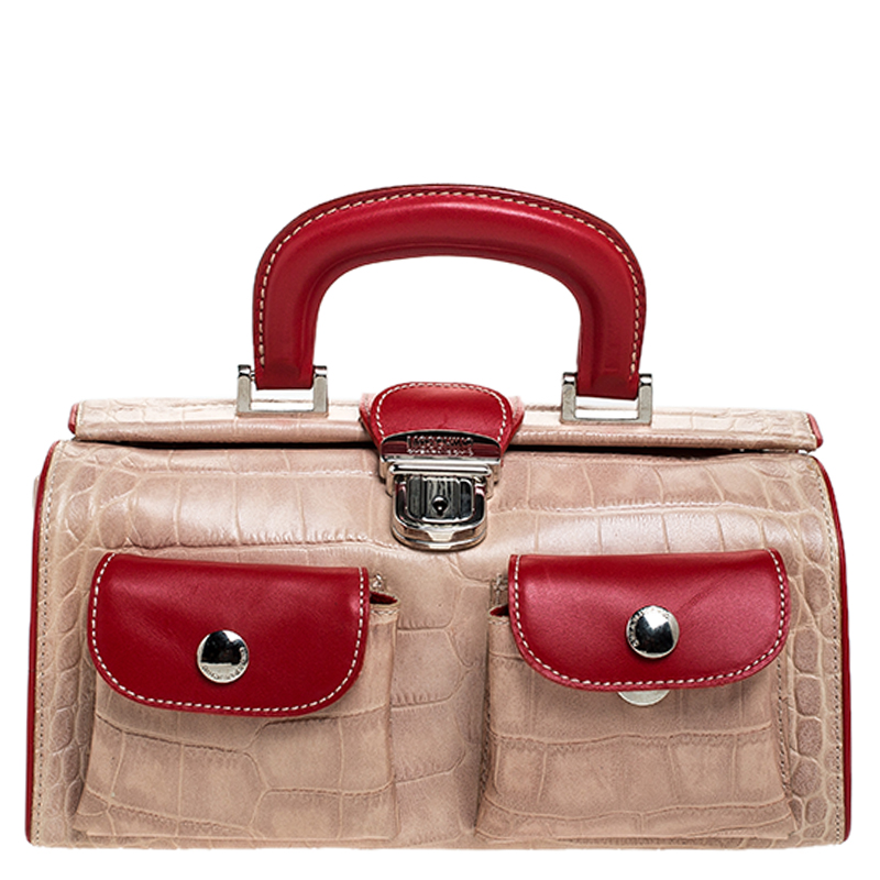 Pre Owned Moschino Beige/Red Crocodile Embossed Leather Top Handle Bag