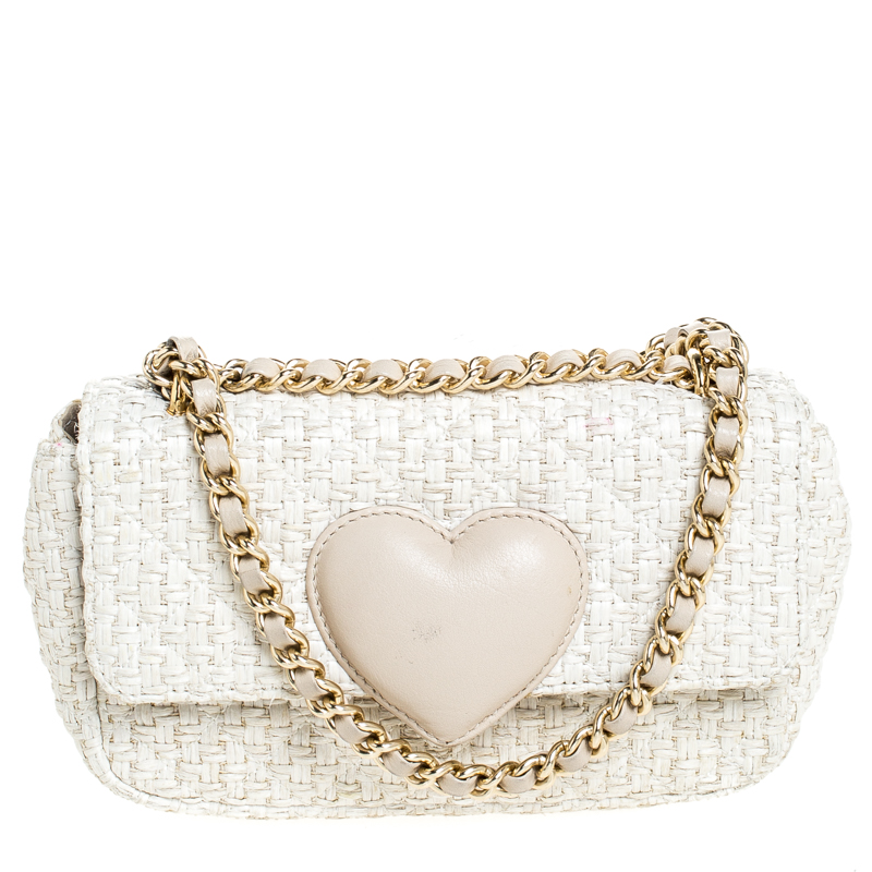 Pre Owned Moschino Off White Raffia and Leather Flap Shoulder Bag