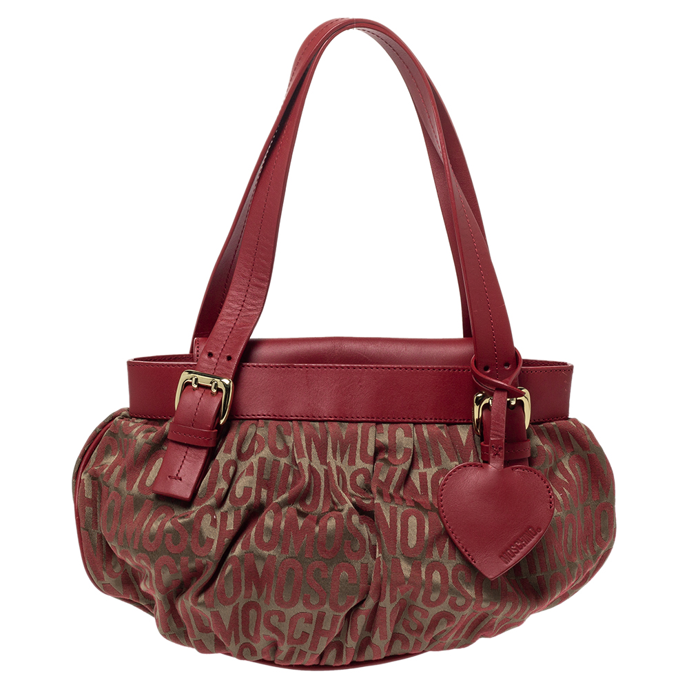 Moschino Red Signature Jacquard Fabric and Leather Heart Charm Hobo