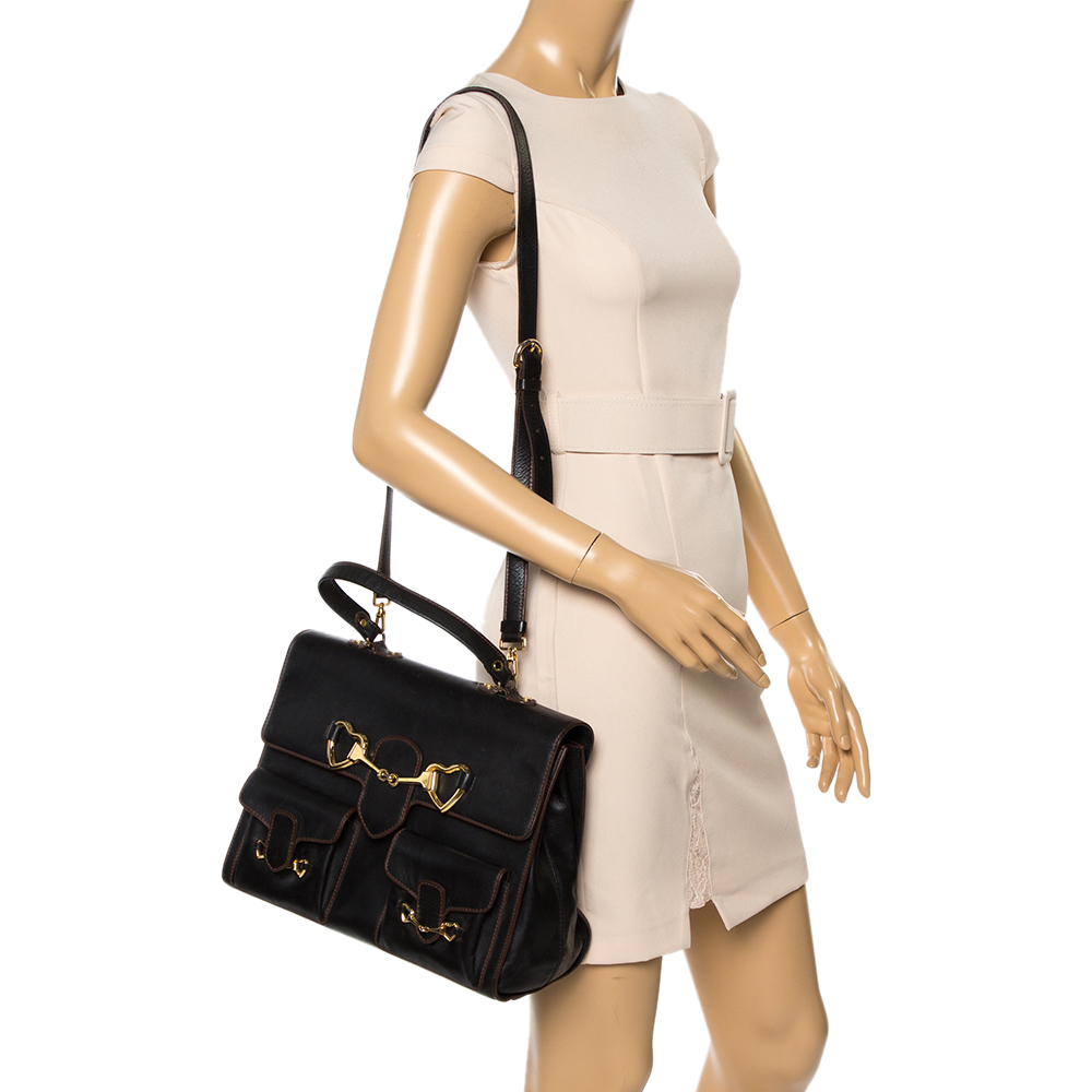 

Moschino Black Leather Heart Buckle Double Flap Top Handle Bag