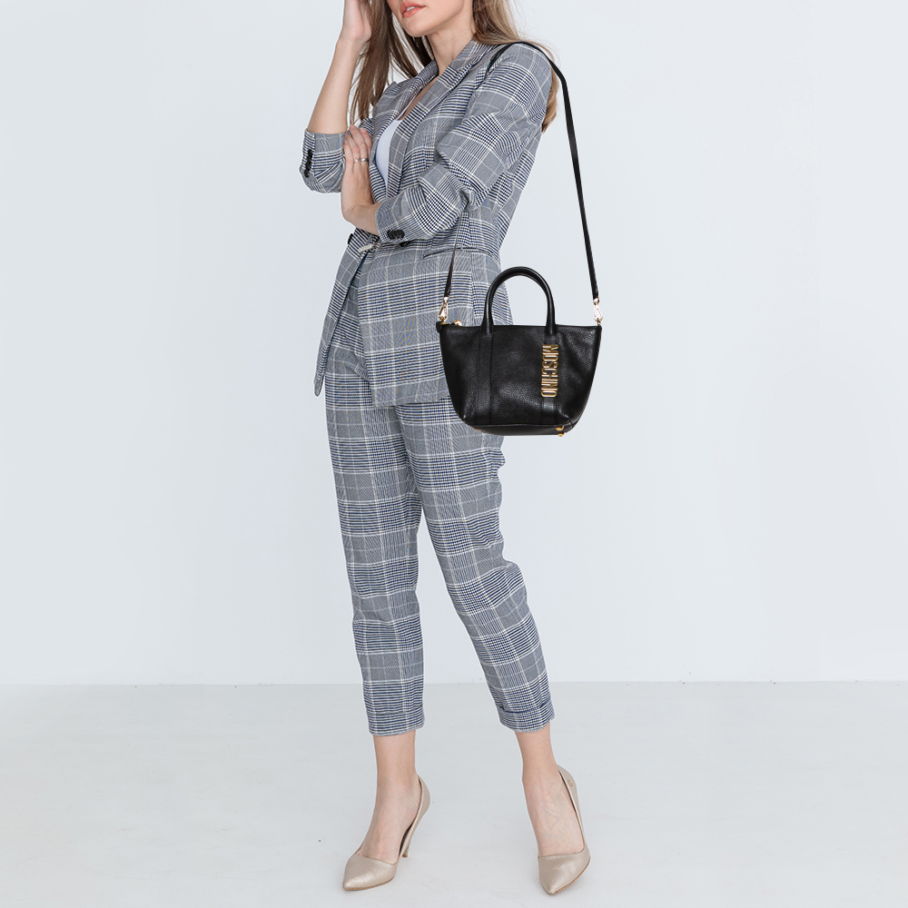 

Moschino Black Grain Leather Side Logo Detail Tote