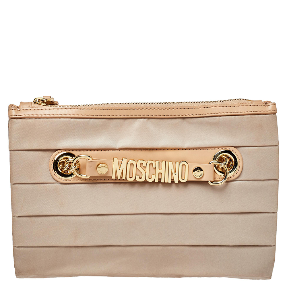 Pre-owned Moschino Beige Pleated Fabric And Leather Logo Pouch Clutch