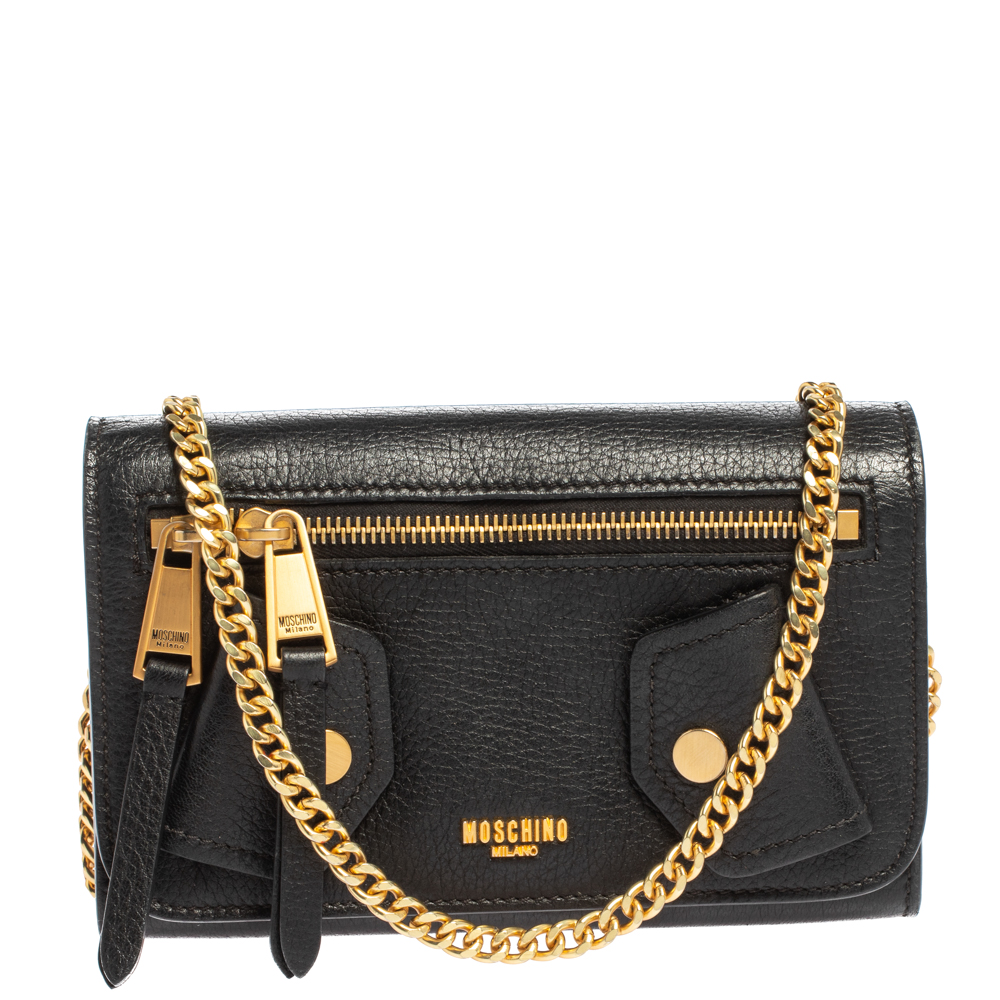 Pre-owned Moschino Black Leather Wallet On Chain