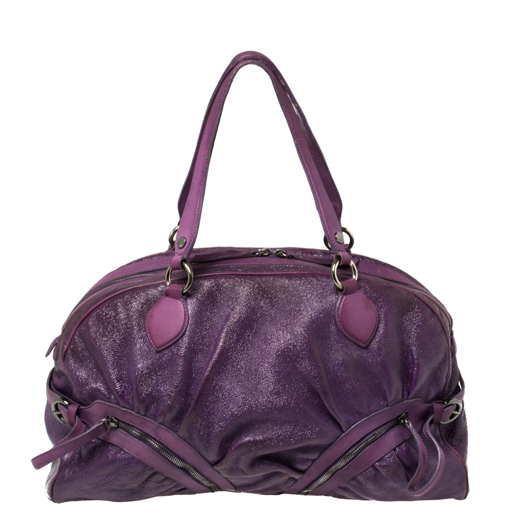 Pre-owned Moschino Purple Crinkled Patent Leather Double Zip Pocket Duffel Bag