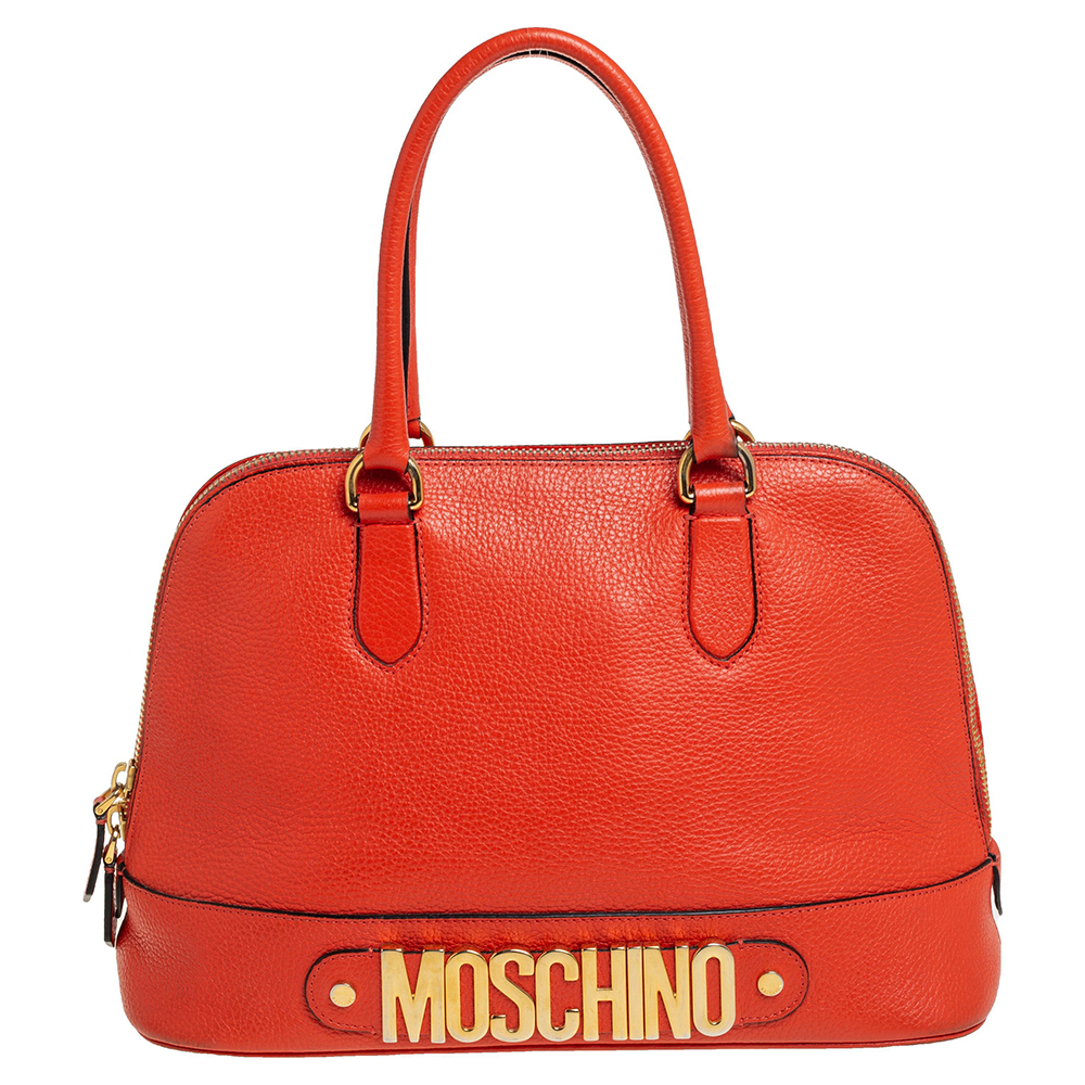 Pre-owned Moschino Orange Logo Plaque Leather Dome Satchel