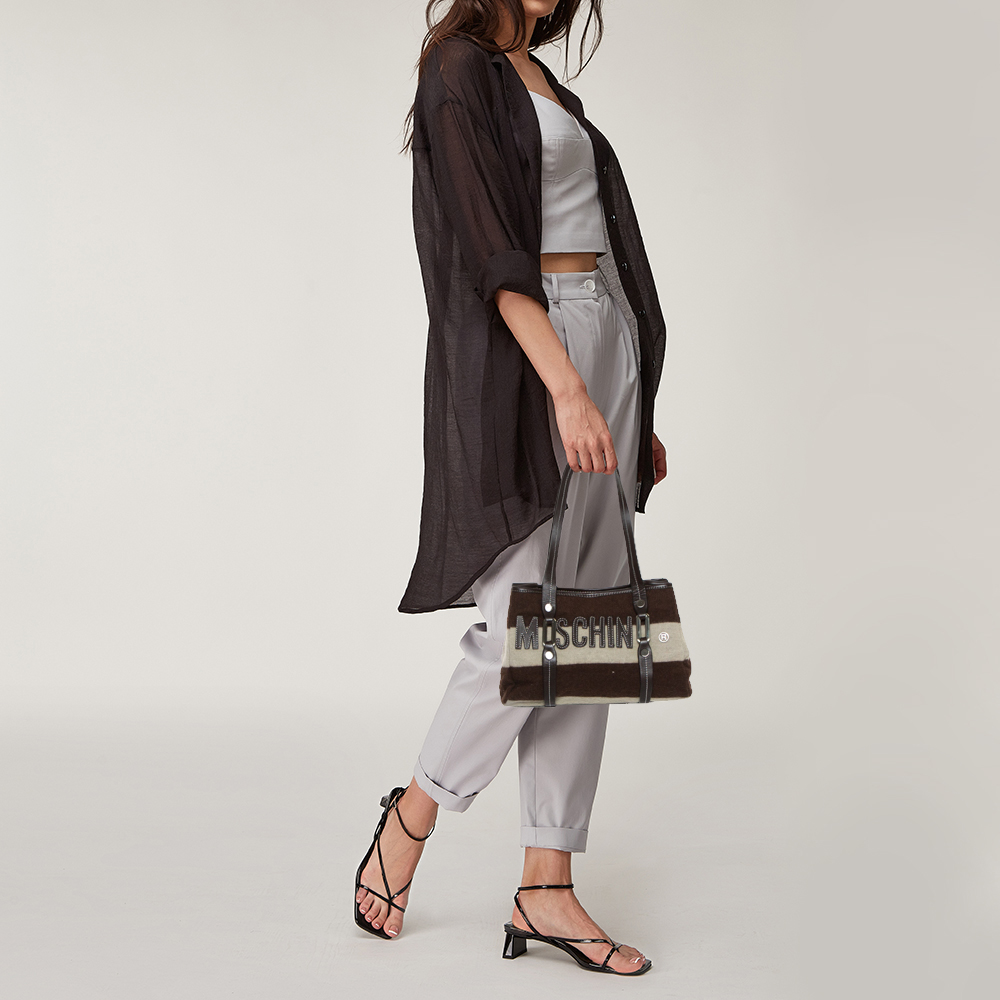 

Moschino Brown/White Wool And Leather Logo Tote