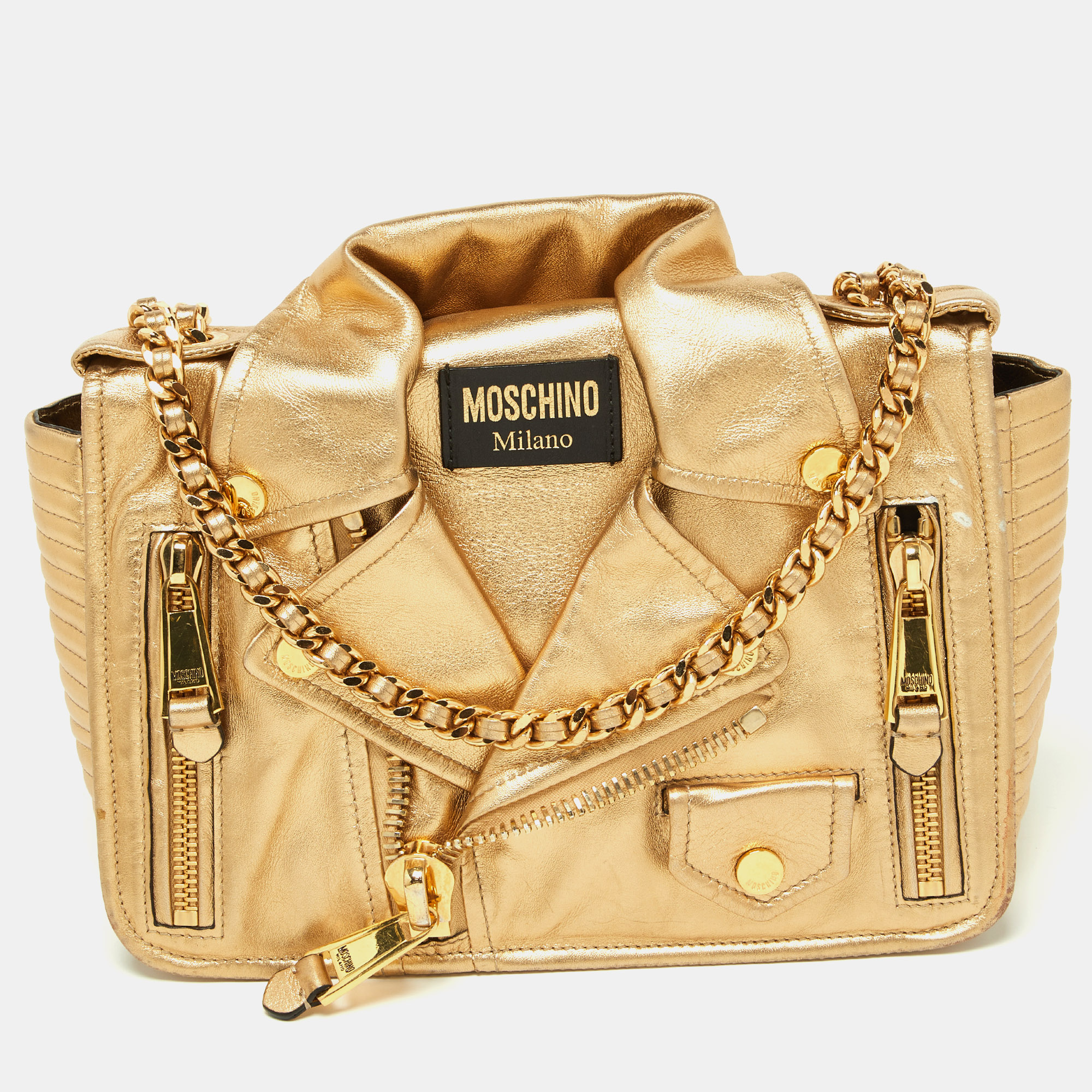 

Moschino Gold Leather Large Capsule Biker Jacket Shoulder Bag