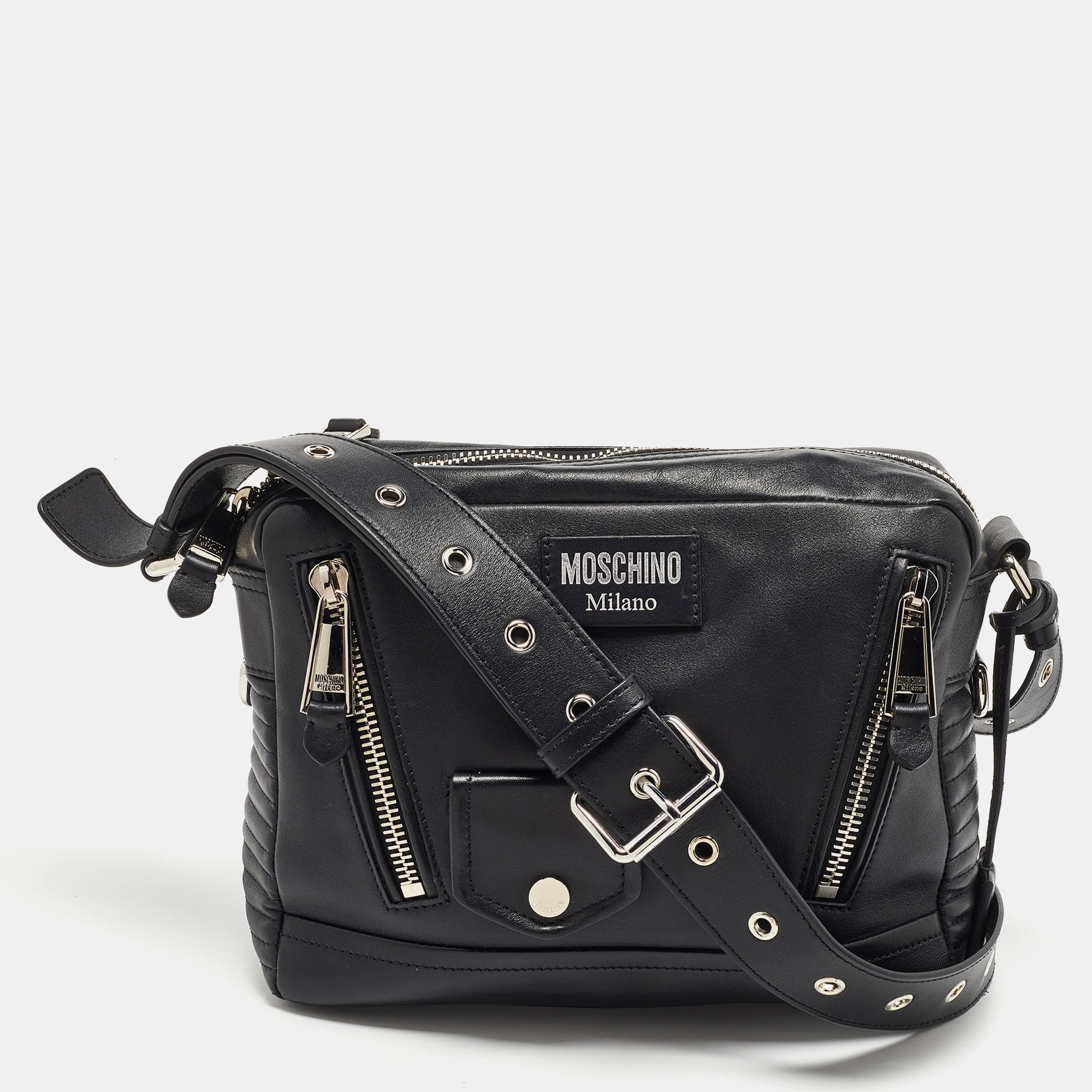 Pre-owned Moschino Black Leather Multi Zip Shoulder Bag