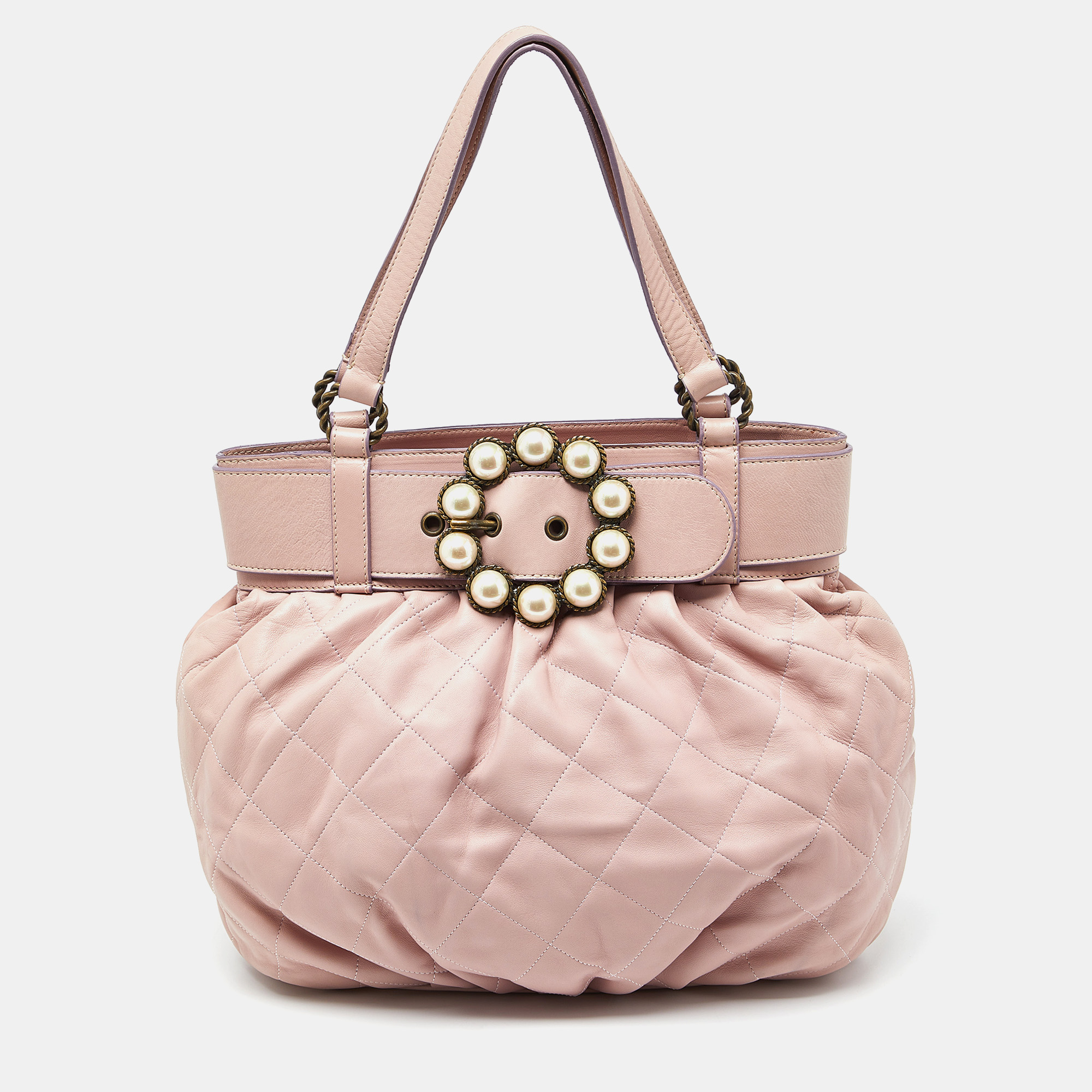 

Moschino Pink Quilted Leather Pearl Embellished Satchel