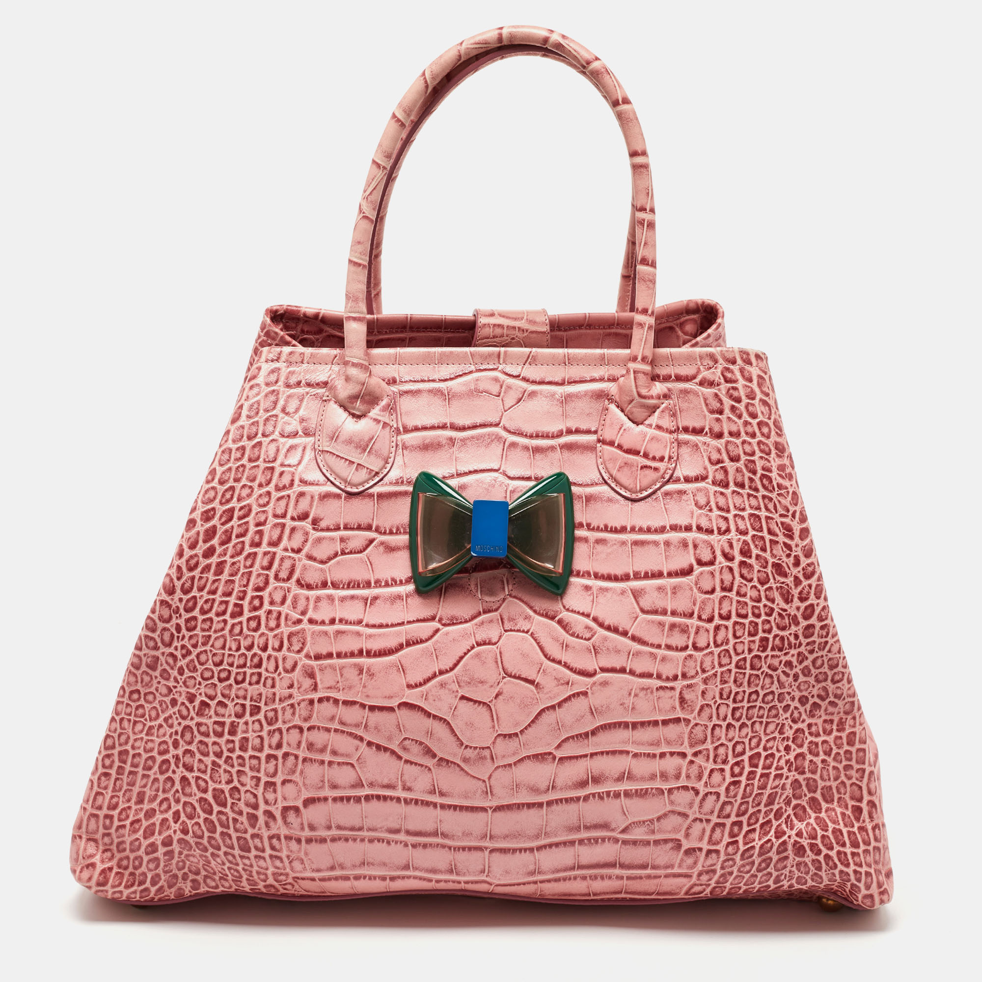 Pre-owned Moschino Pink Croc Embossed Leather Bow Flap Bag