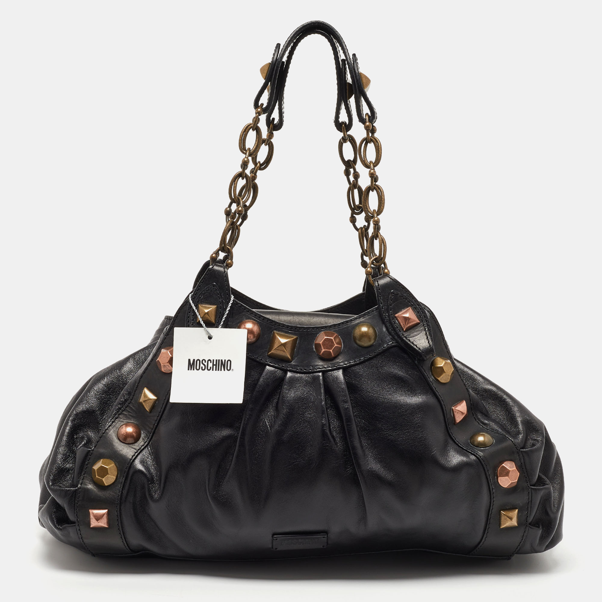 Pre-owned Moschino Black Leather Embellished Chain Link Satchel