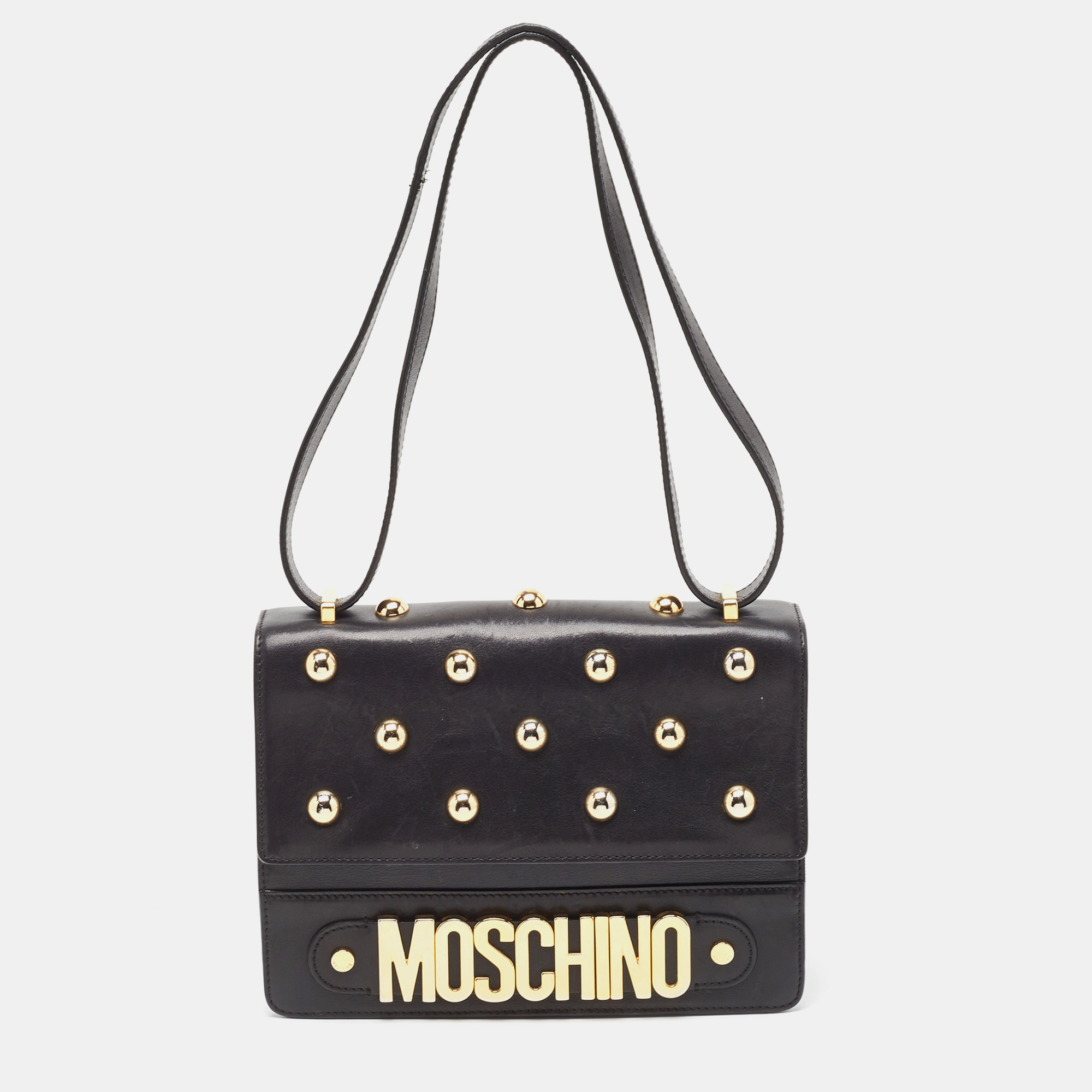 Pre-owned Moschino Black Leather Studded Logo Flap Crossbody Bag