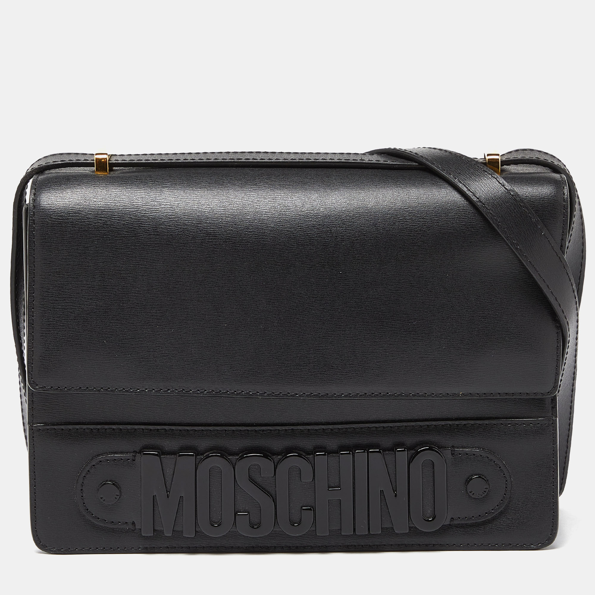 Pre-owned Moschino Black Leather Logo Flap Shoulder Bag