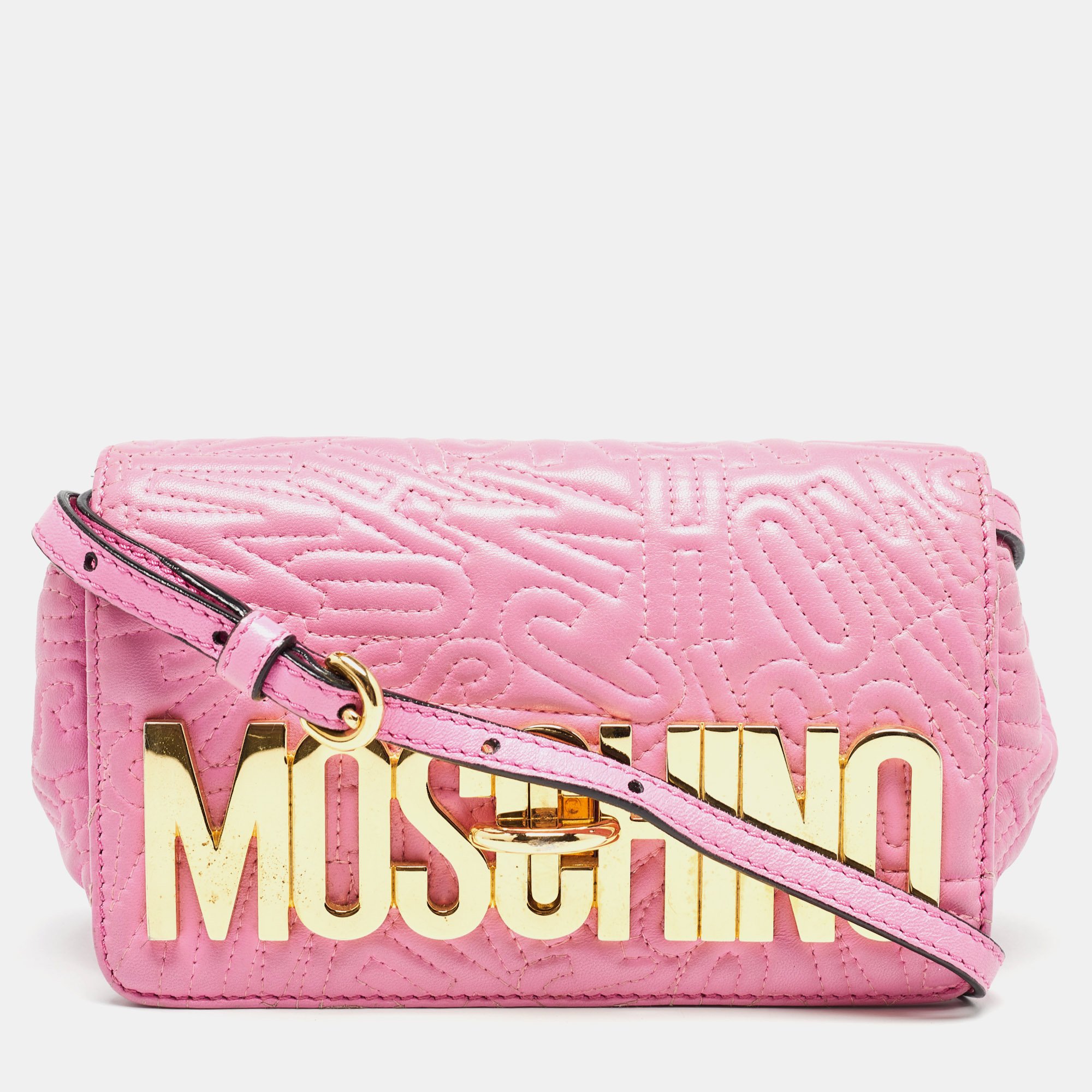 

Moschino Pink Embroidered Leather Logo Crossbody Bag