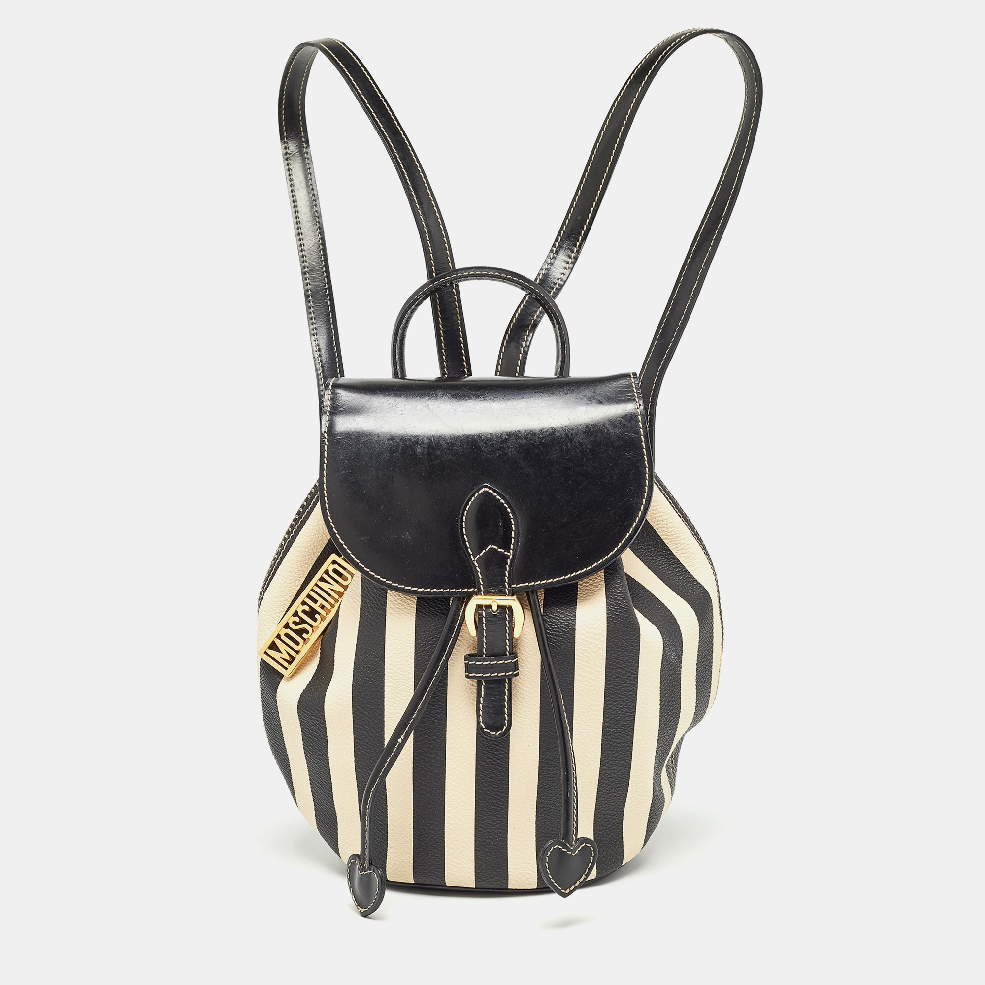 

Moschino Black/Cream Coated Canvas Striped Mini Drawstring Backpack