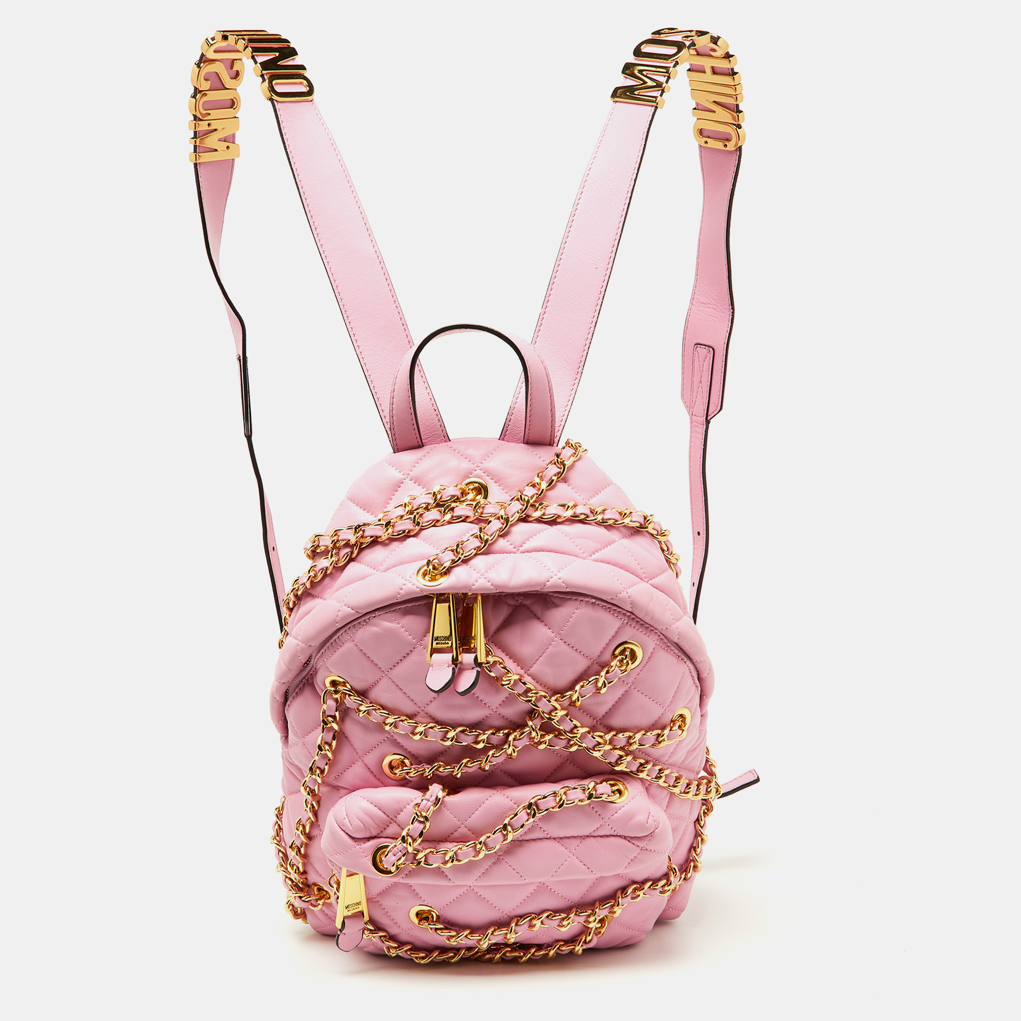 Pre-owned Moschino Pink Quilted Faux Leather Chain Link Backpack
