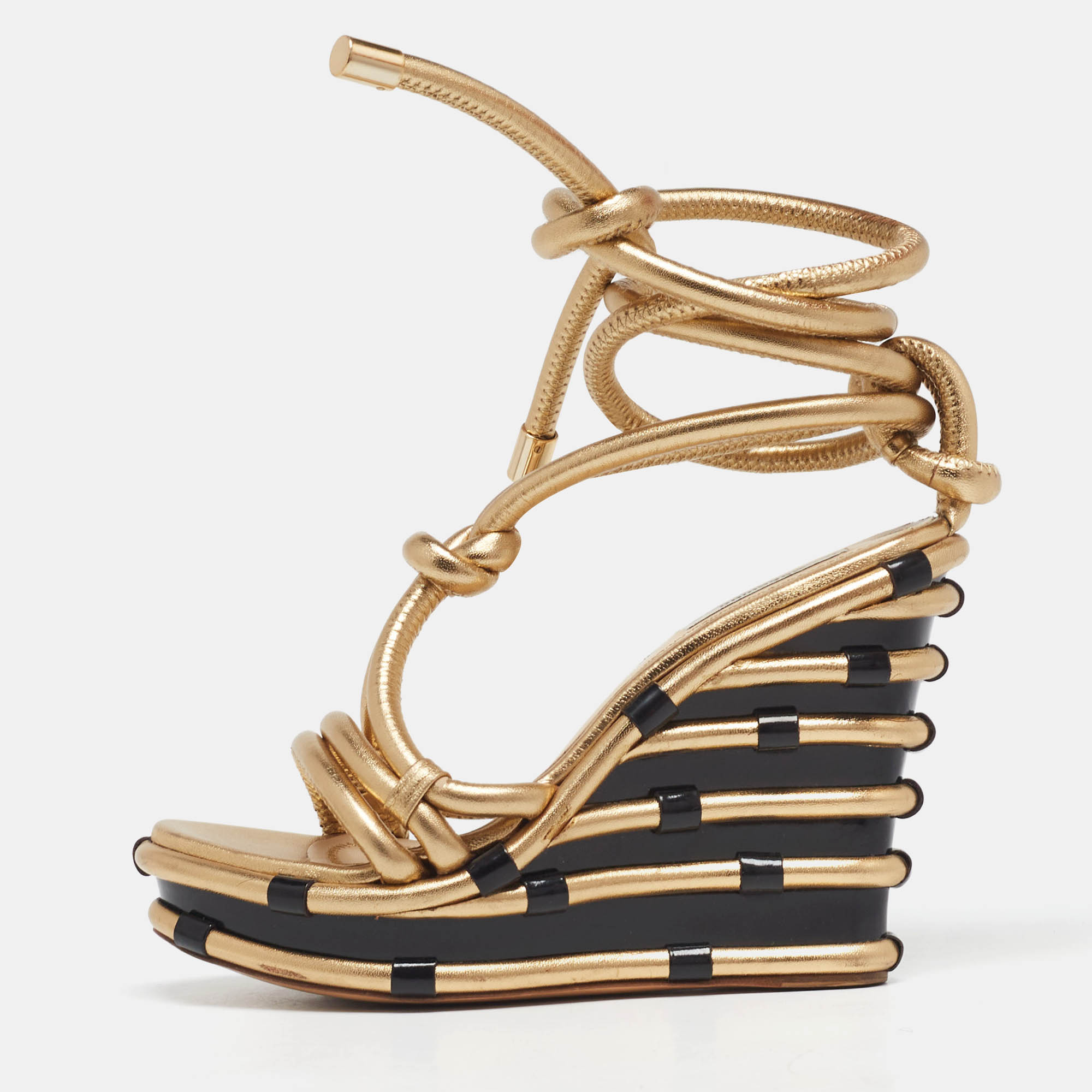 

Moschino Metallic Gold Leather Wedge Ankle Wrap Sandals Size