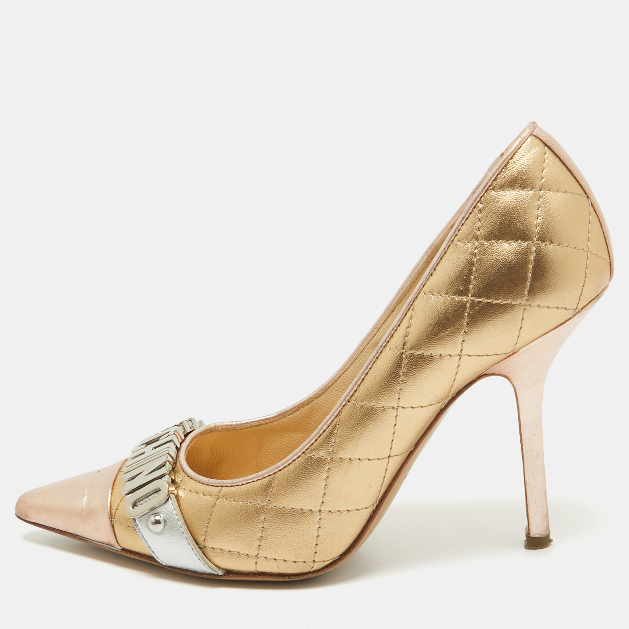 

Moschino Tricolor Quilted Leather Logo Pumps Size, Gold