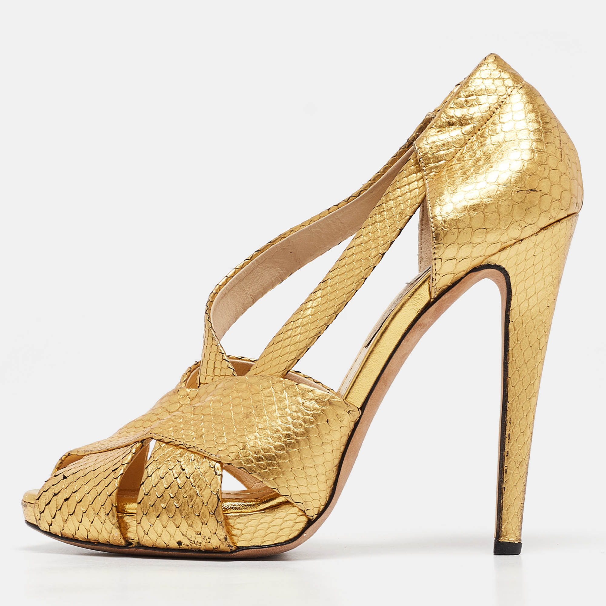 

Moschino Gold Python Embossed Leather Peep Toe Pumps Size