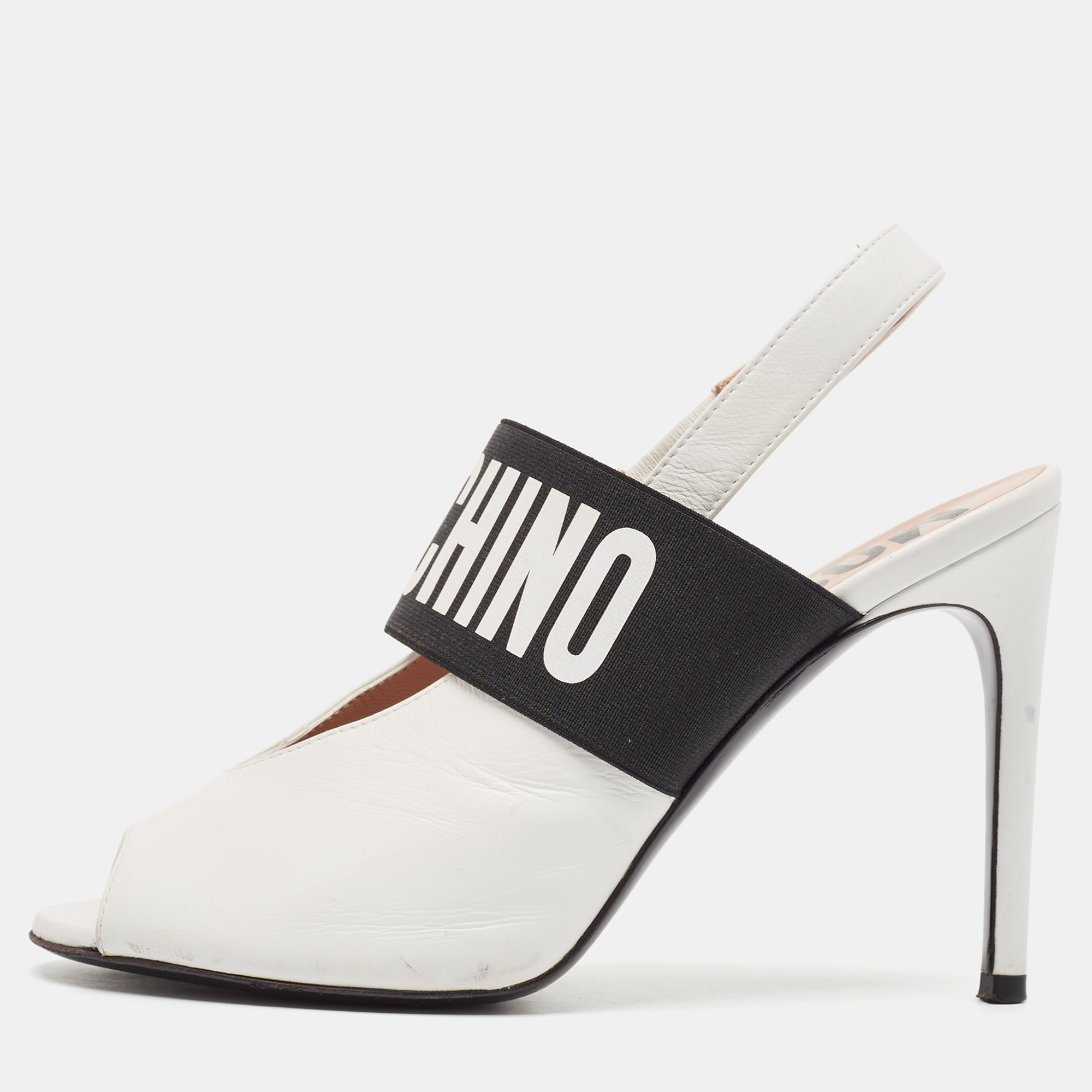 

Moschino White/Black Leather and Elastic Logo Open Toe Slingback Pumps Size