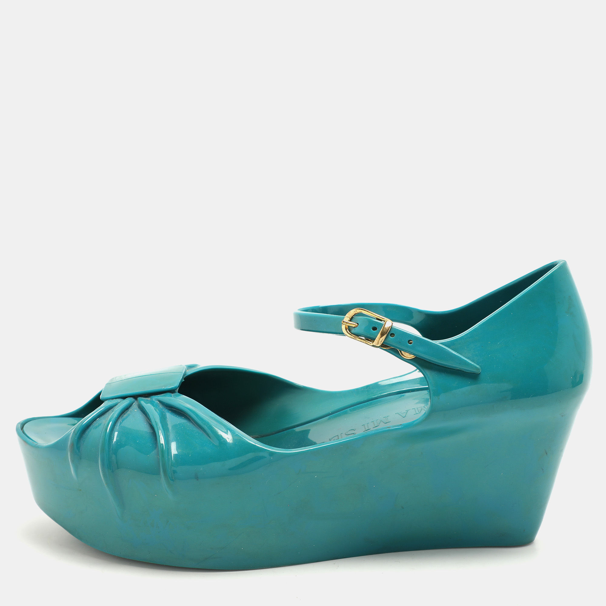 

Moschino x Kartell Blue Rubber Jelly Super Bow Wedge Sandals Size