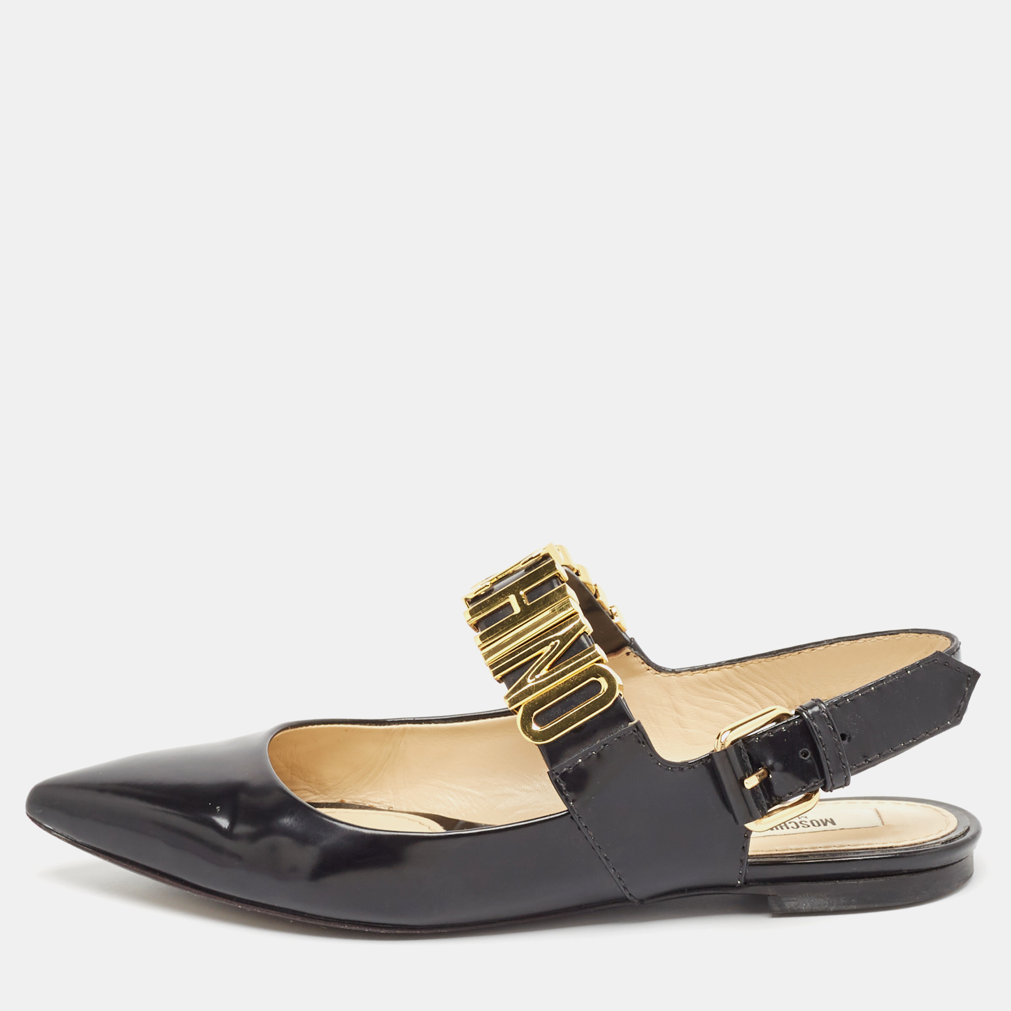 

Moschino Black Leather Classic Logo Slingback Flats Size