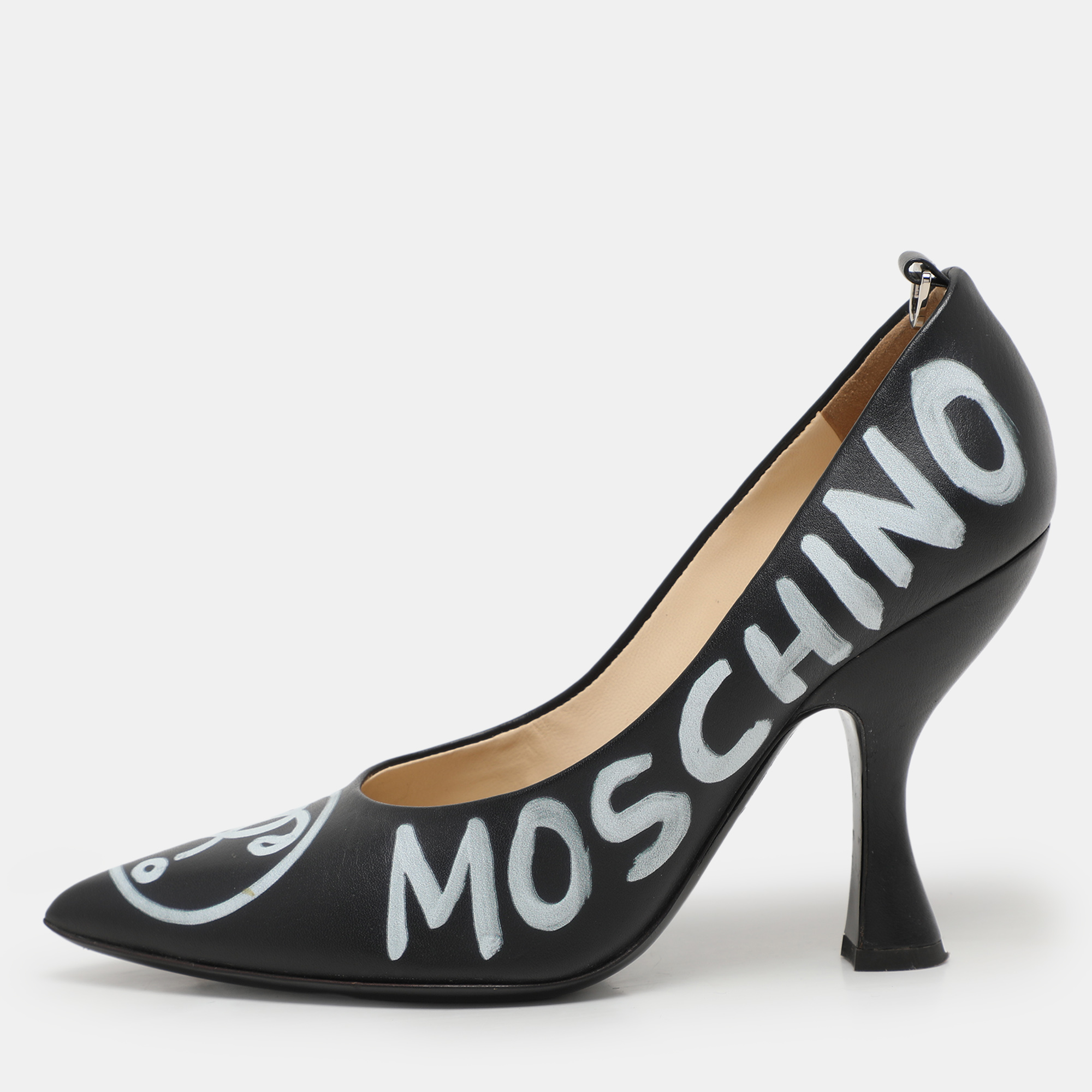 

Moschino Black Leather Logo Print Pumps Size