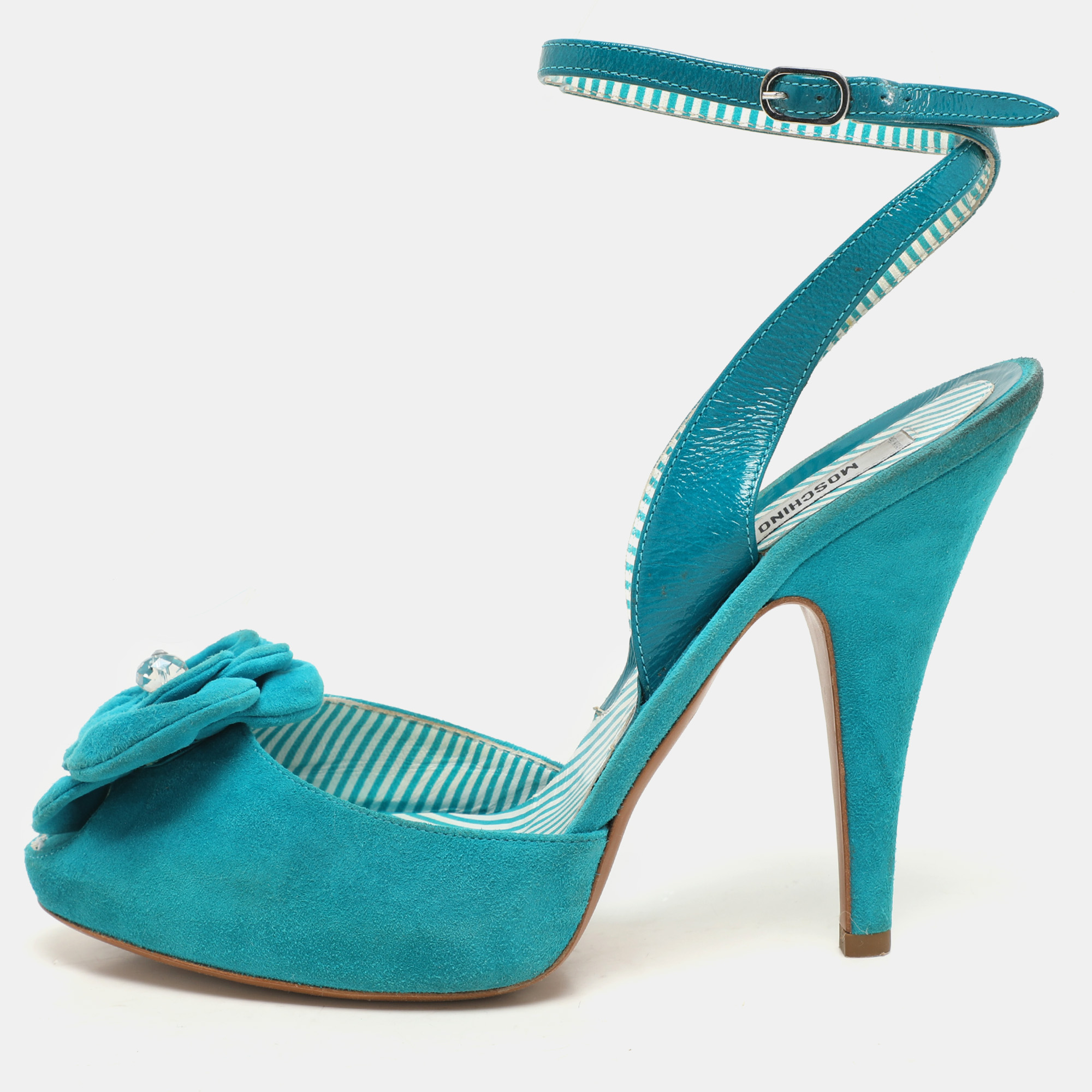

Moschino Blue Suede Flower Applique Ankle Strap Pumps Size