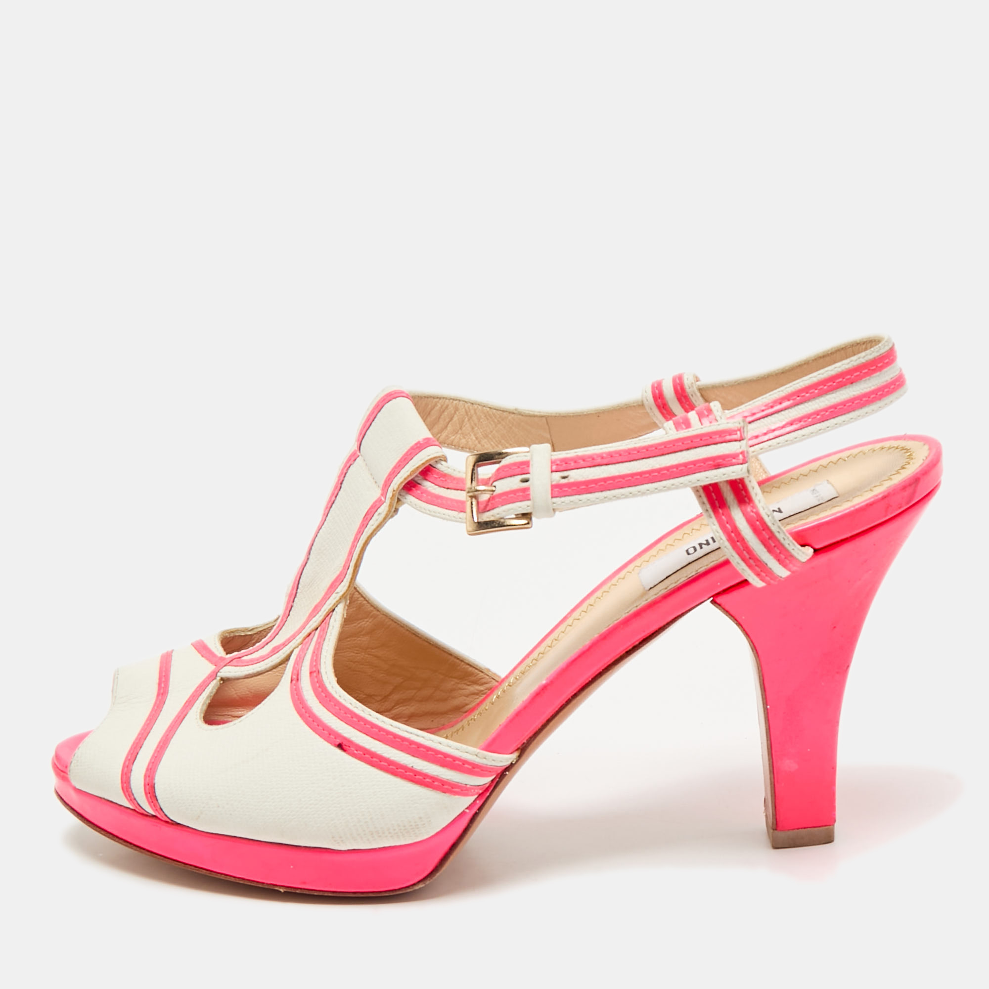 

Moschino Neon Pink/White Leather Strappy Peep Toe Sandals Size