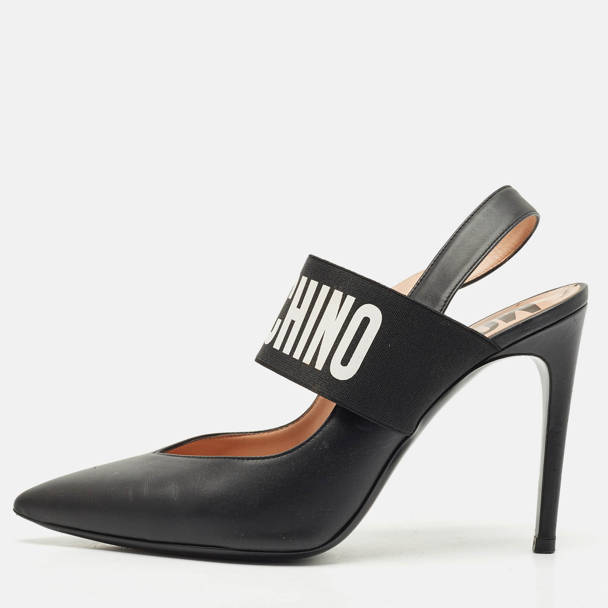 

Moschino Black Leather Logo Pointed Toe Pumps Size