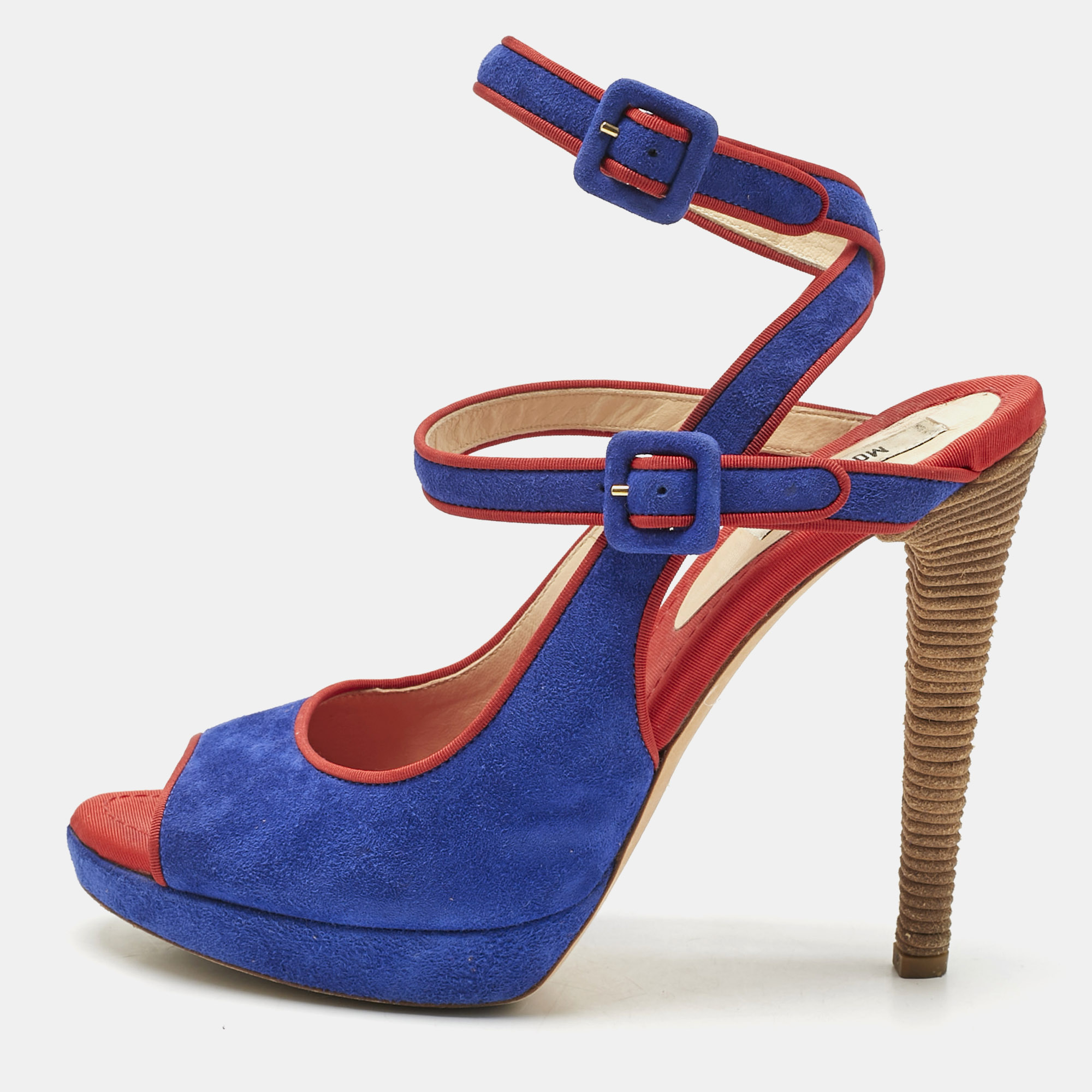 Pre-owned Moschino Red/blue Suede Buckle Ankle Strap Sandals Size 38.5