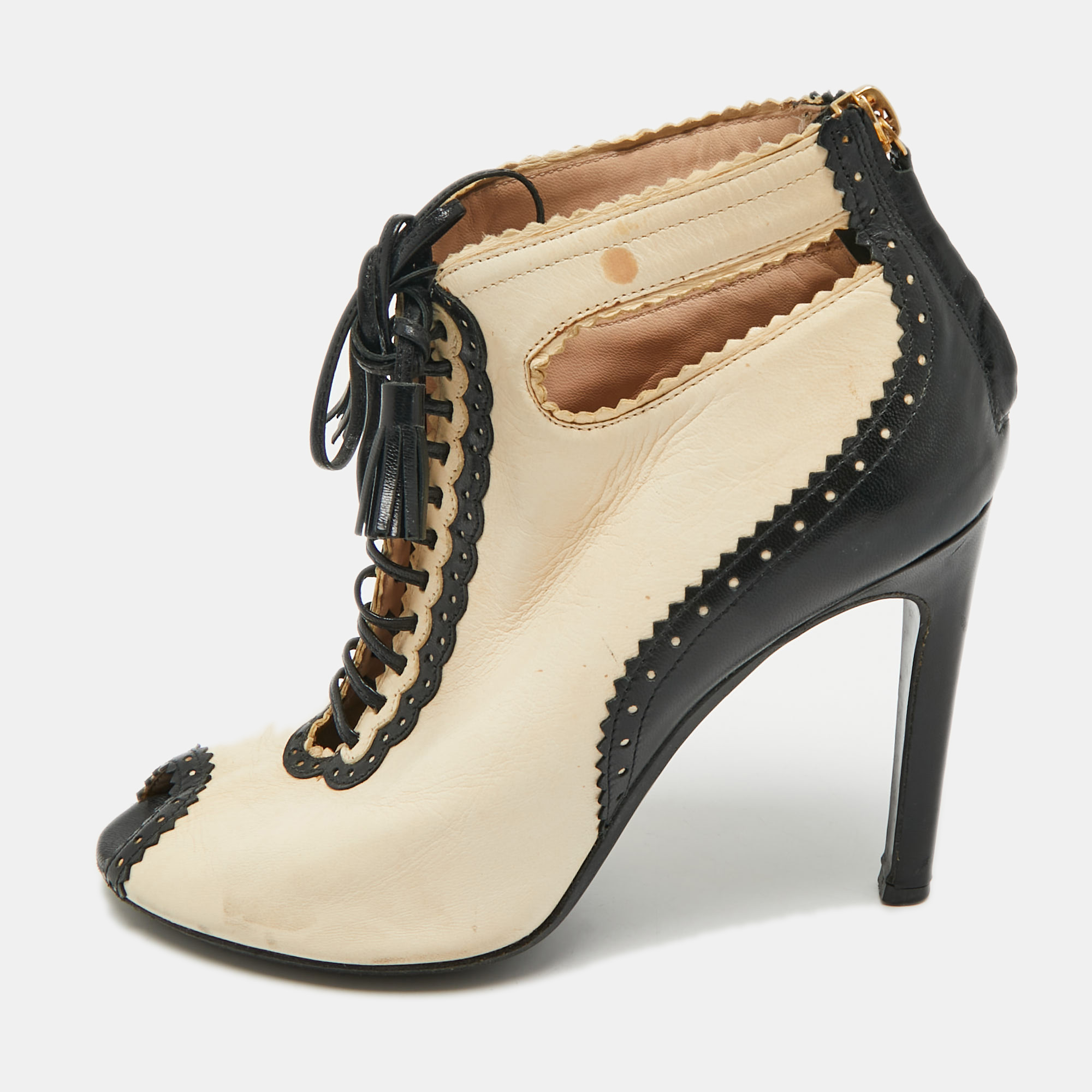 

Moschino Beige/Black Leather Cutot Peep Toe Ankle Boots Size