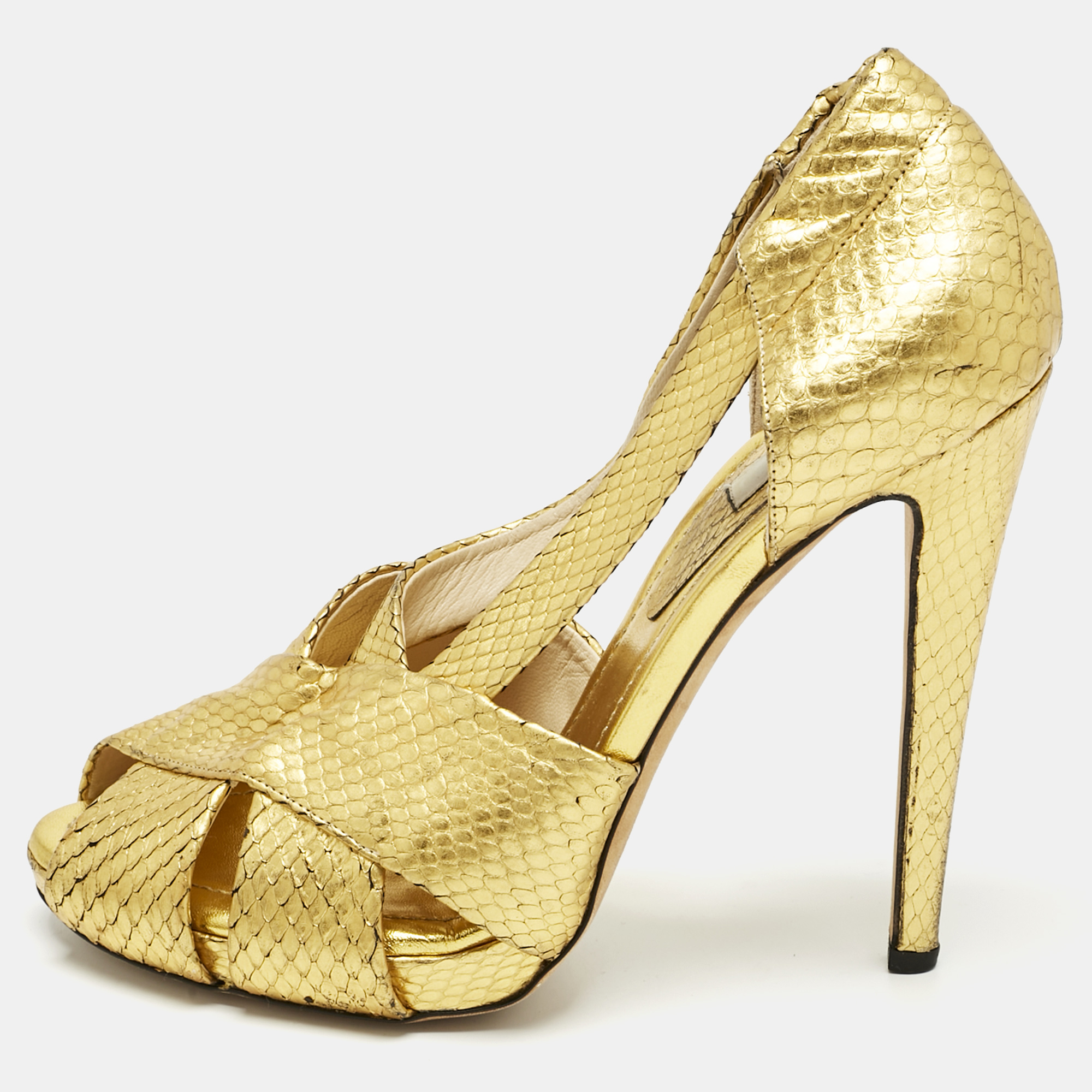 Pre-owned Moschino Gold Python Embossed Leather Cut Out Peep Toe Pumps Size 40